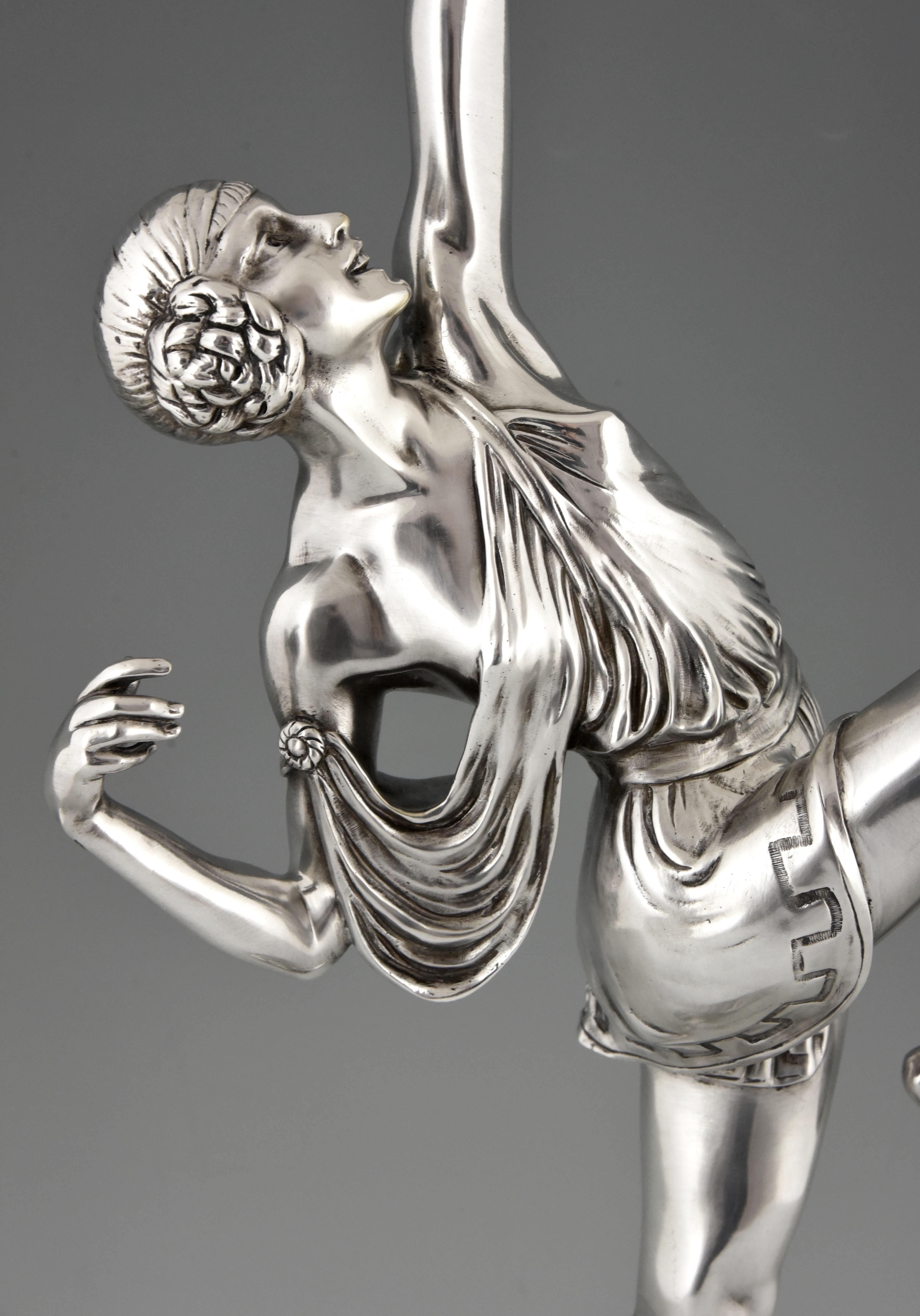 Pierre Le Faguays Art Deco Silvered Bronze Sculpture Woman with Bow Diana, 1925 3