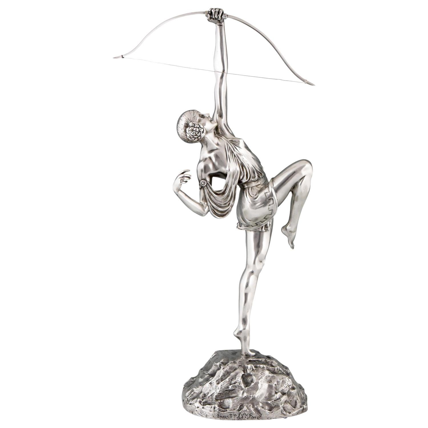 Pierre Le Faguays Art Deco Silvered Bronze Sculpture Woman with Bow Diana 1925
