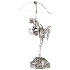 Pierre Le Faguays Art Deco Silvered Bronze Sculpture Woman with Bow Diana 1925