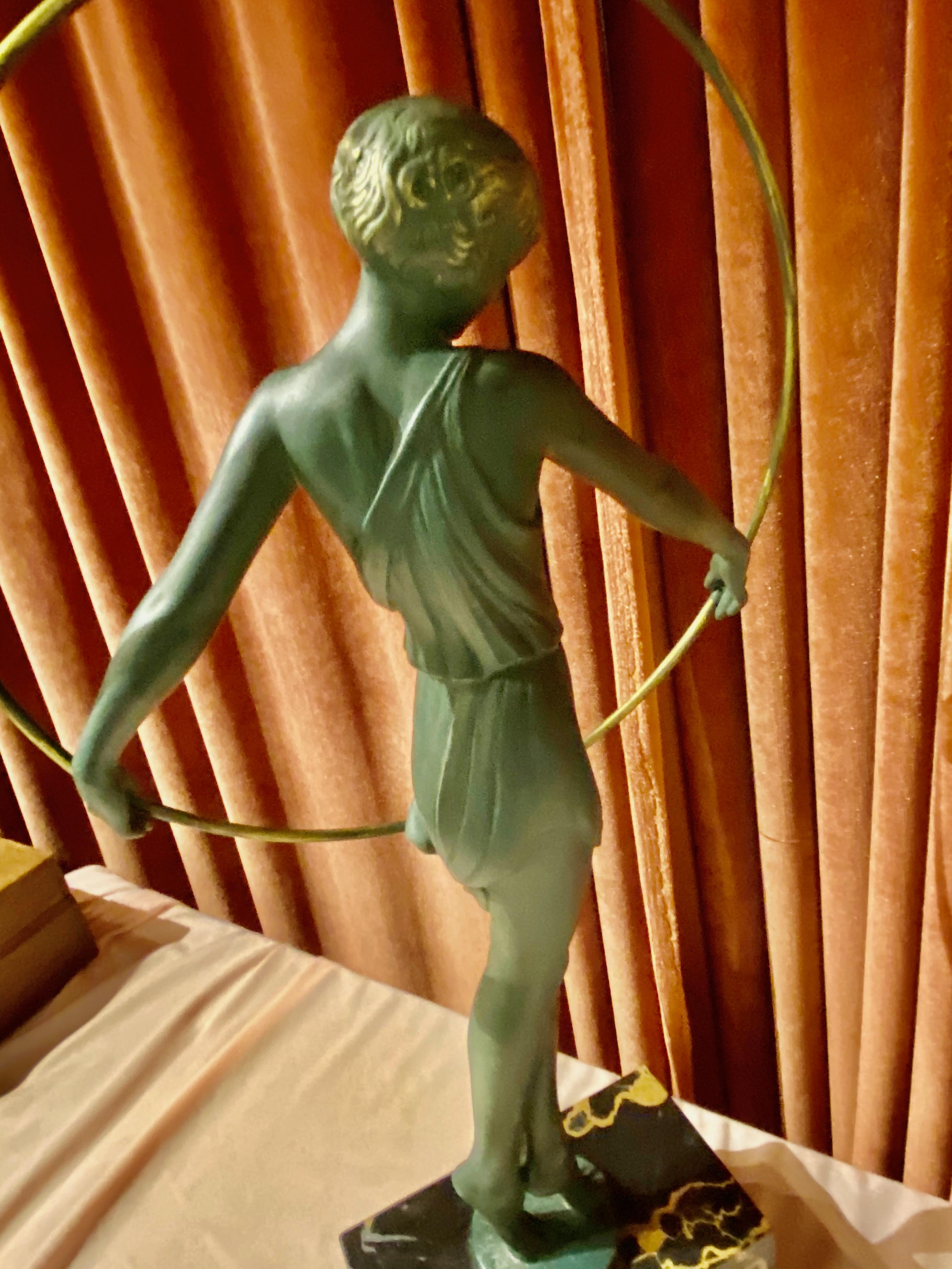 French Pierre Le Faguays Dancer with Hoop Art Deco Green Patented Sculpture Fayral