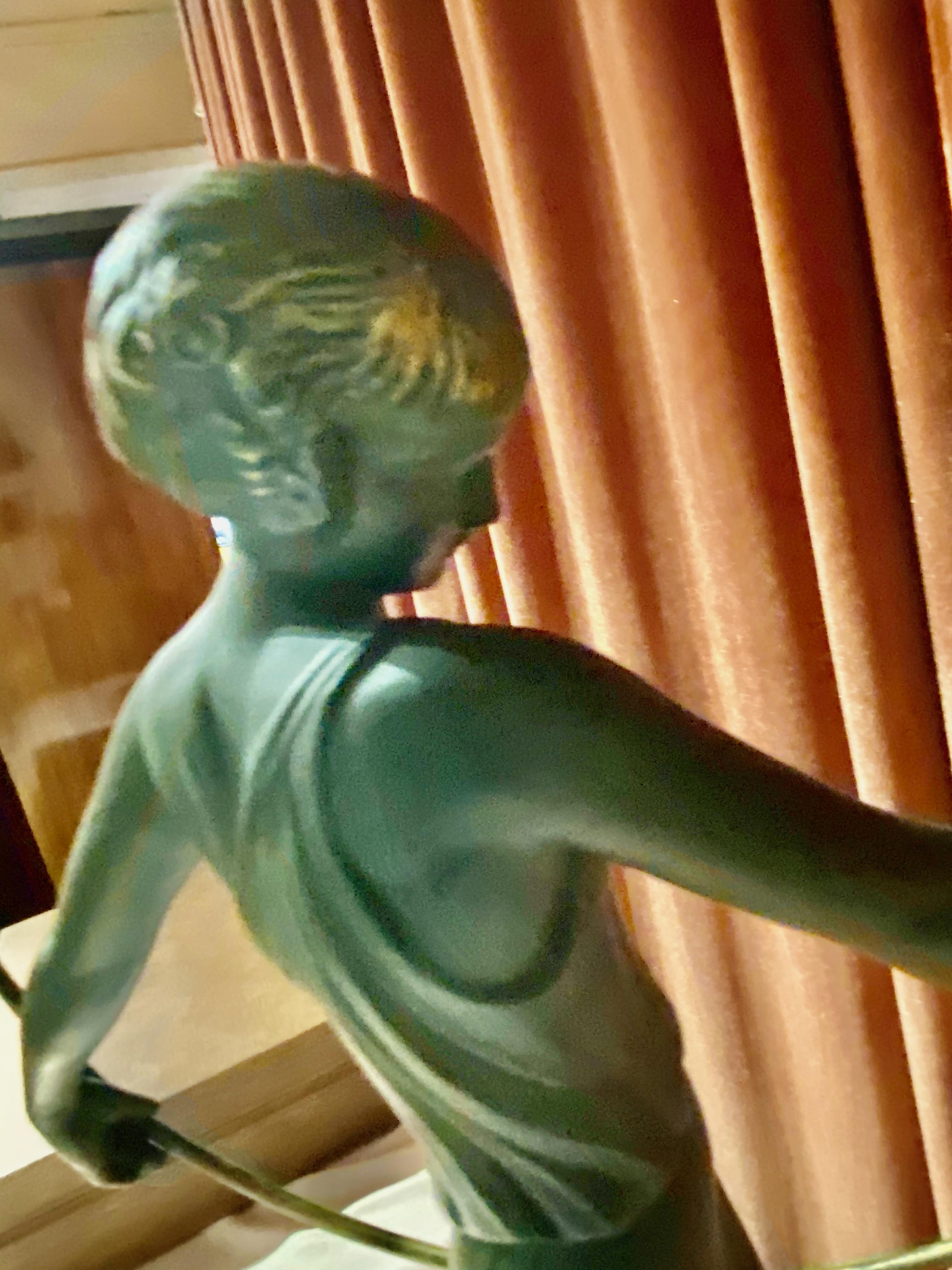 Pierre Le Faguays Dancer with Hoop Art Deco Green Patented Sculpture Fayral In Good Condition In Oakland, CA