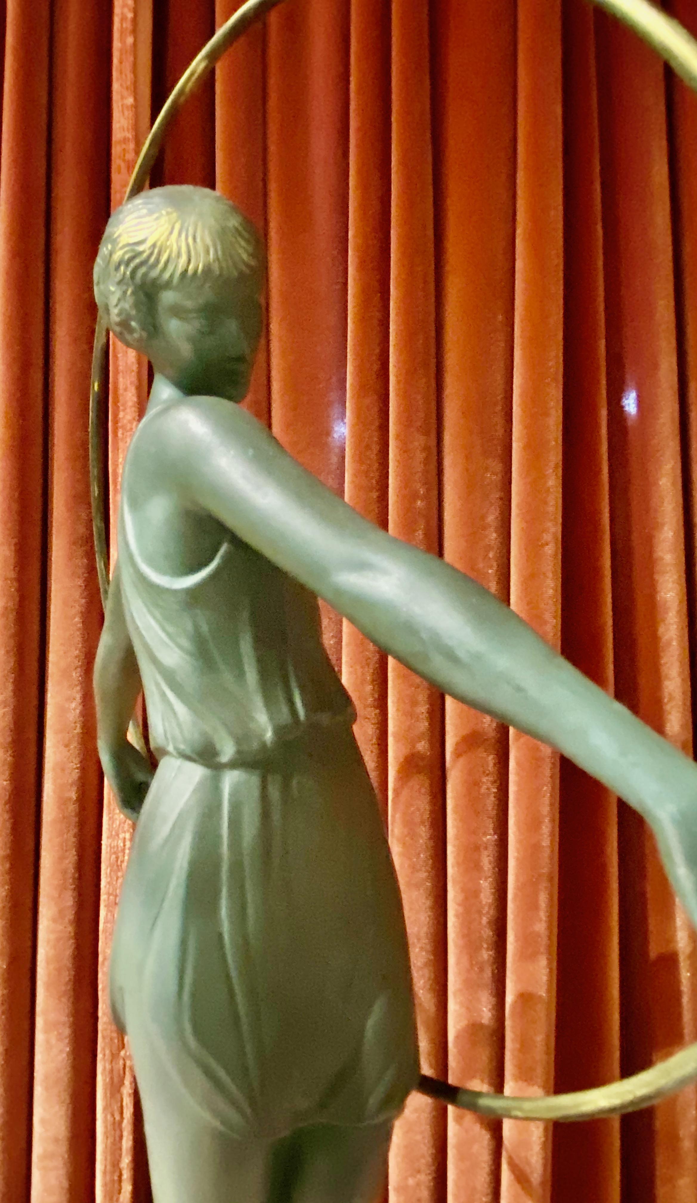 Mid-20th Century Pierre Le Faguays Dancer with Hoop Art Deco Green Patented Sculpture Fayral