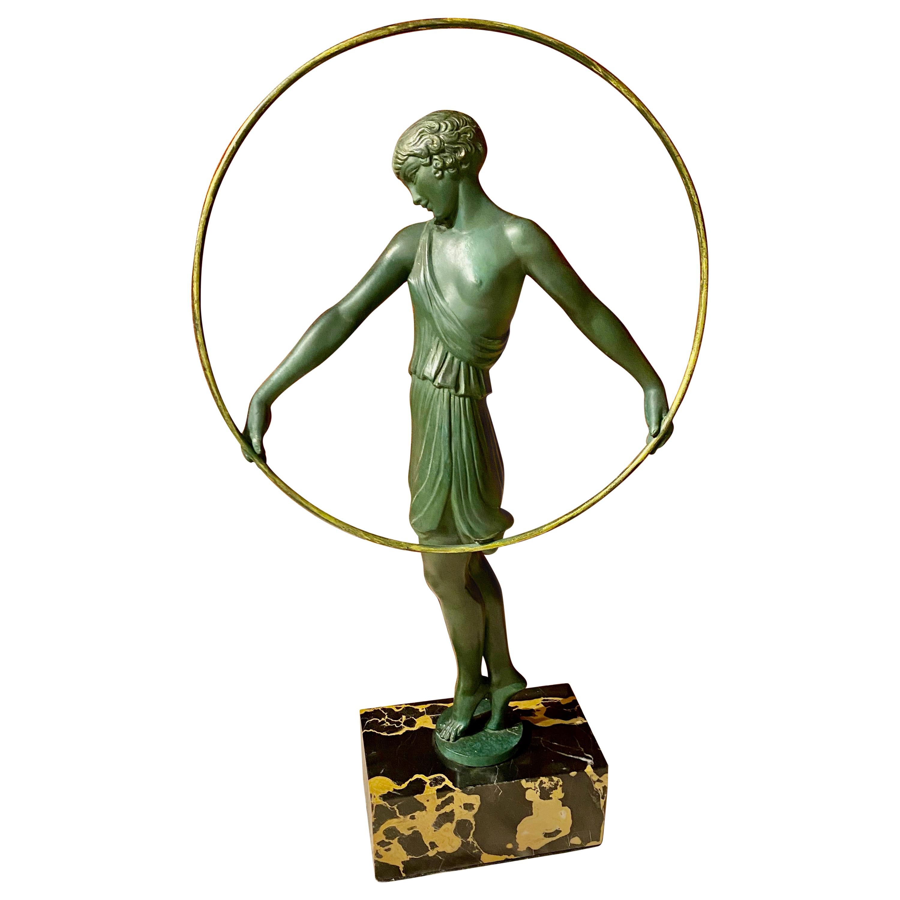 Pierre Le Faguays Dancer with Hoop Art Deco Green Patented Sculpture Fayral