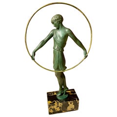 Vintage Pierre Le Faguays Dancer with Hoop Art Deco Green Patented Sculpture Fayral