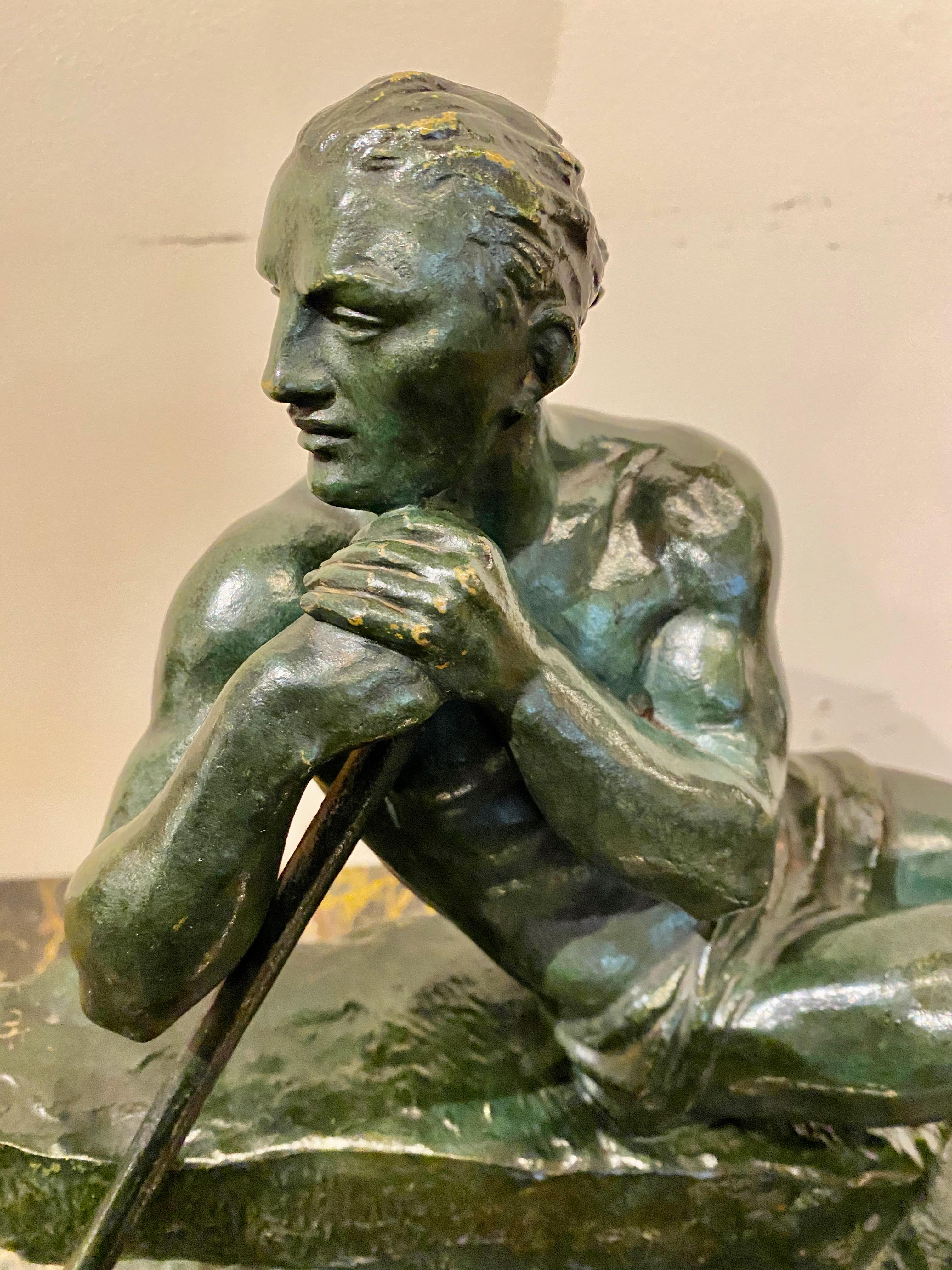 Art Deco Pierre Le Faguays French Sculptor Bronze Male Figure with Pole