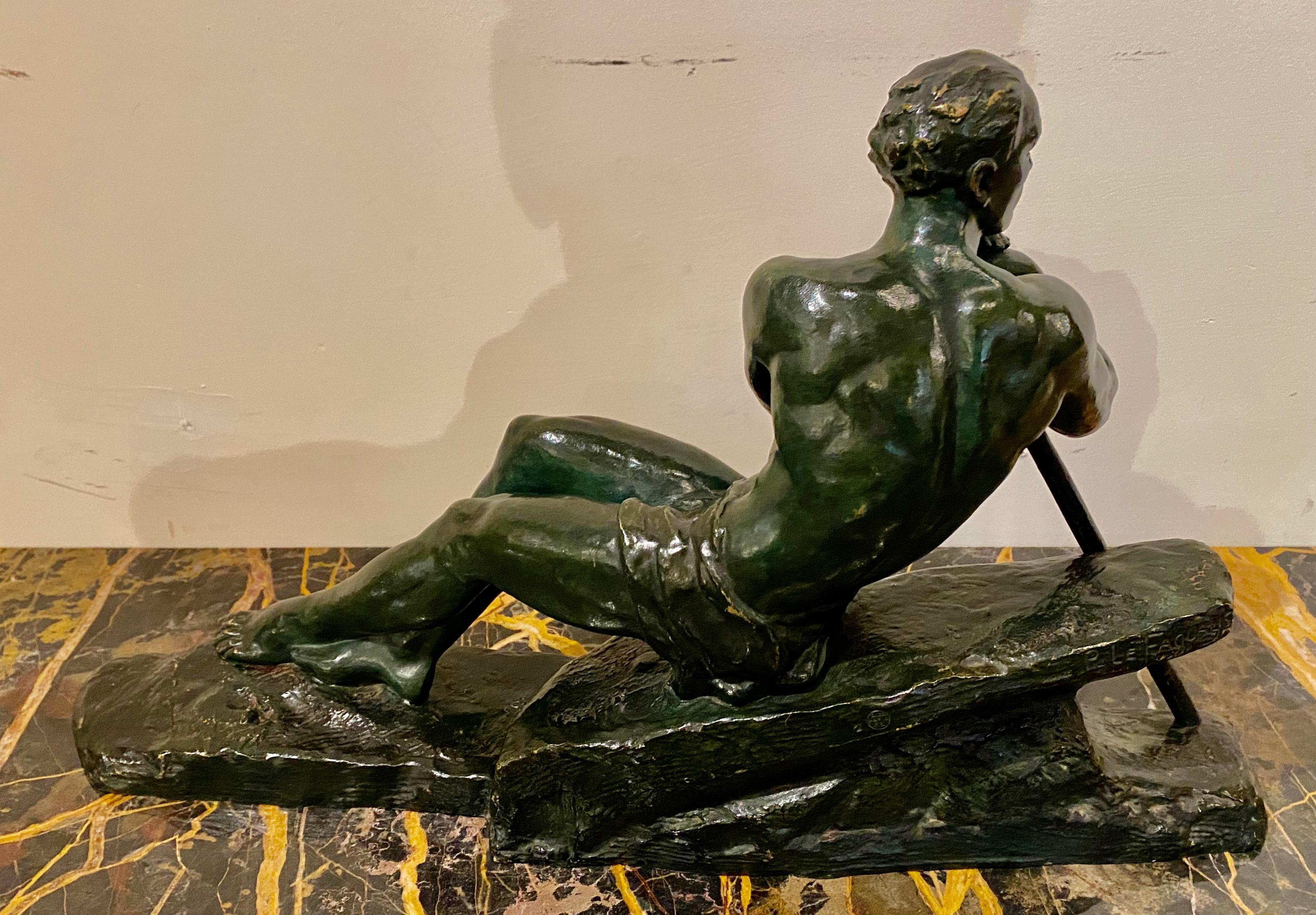 Pierre Le Faguays French Sculptor Bronze Male Figure with Pole In Good Condition In Oakland, CA