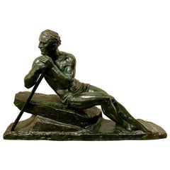 Vintage Pierre Le Faguays French Sculptor Bronze Male Figure with Pole