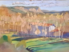 «La bastida con álamos», gouache y acuarela, firmada, 41,5 x 48,5 cm