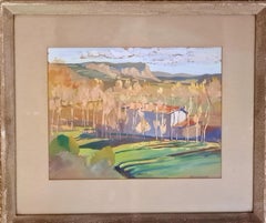 «La bastida con álamos», gouache y acuarela, firmada, 41,5 x 48,5 cm
