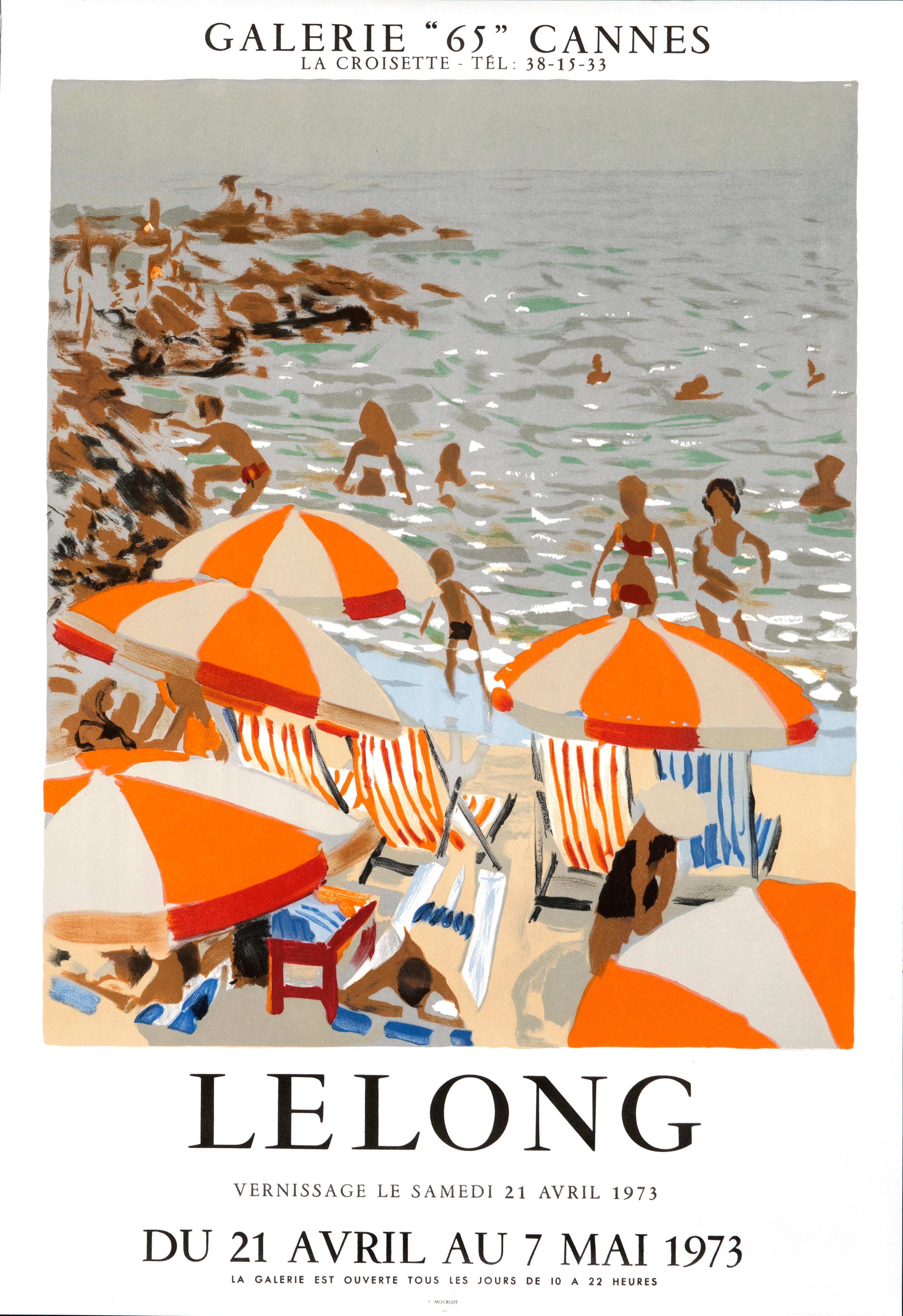 Pierre LeLong Landscape Print - "Lelong - Galerie "65" Cannes" Summer Beach Scene French Exhibition Poster 1970s