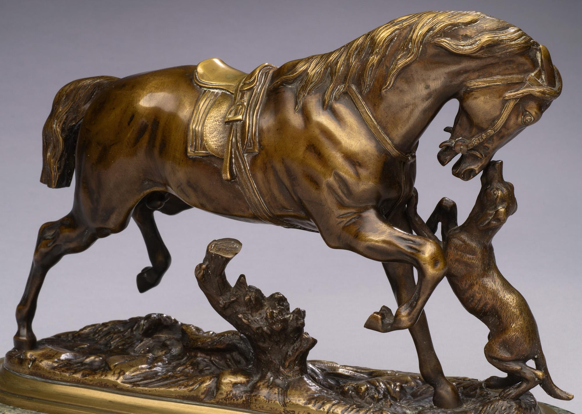 Antique Horse Bronze Saddled Horse Playing with a Dog-Pierre Lenordez circa 1860 For Sale 9
