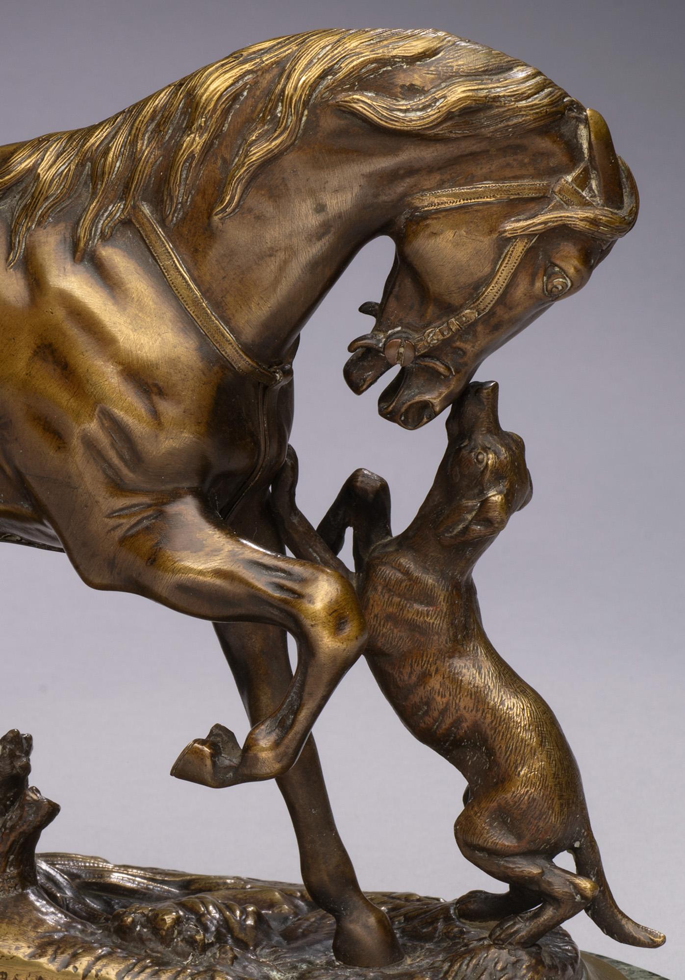 Antique Horse Bronze Saddled Horse Playing with a Dog-Pierre Lenordez circa 1860 For Sale 10