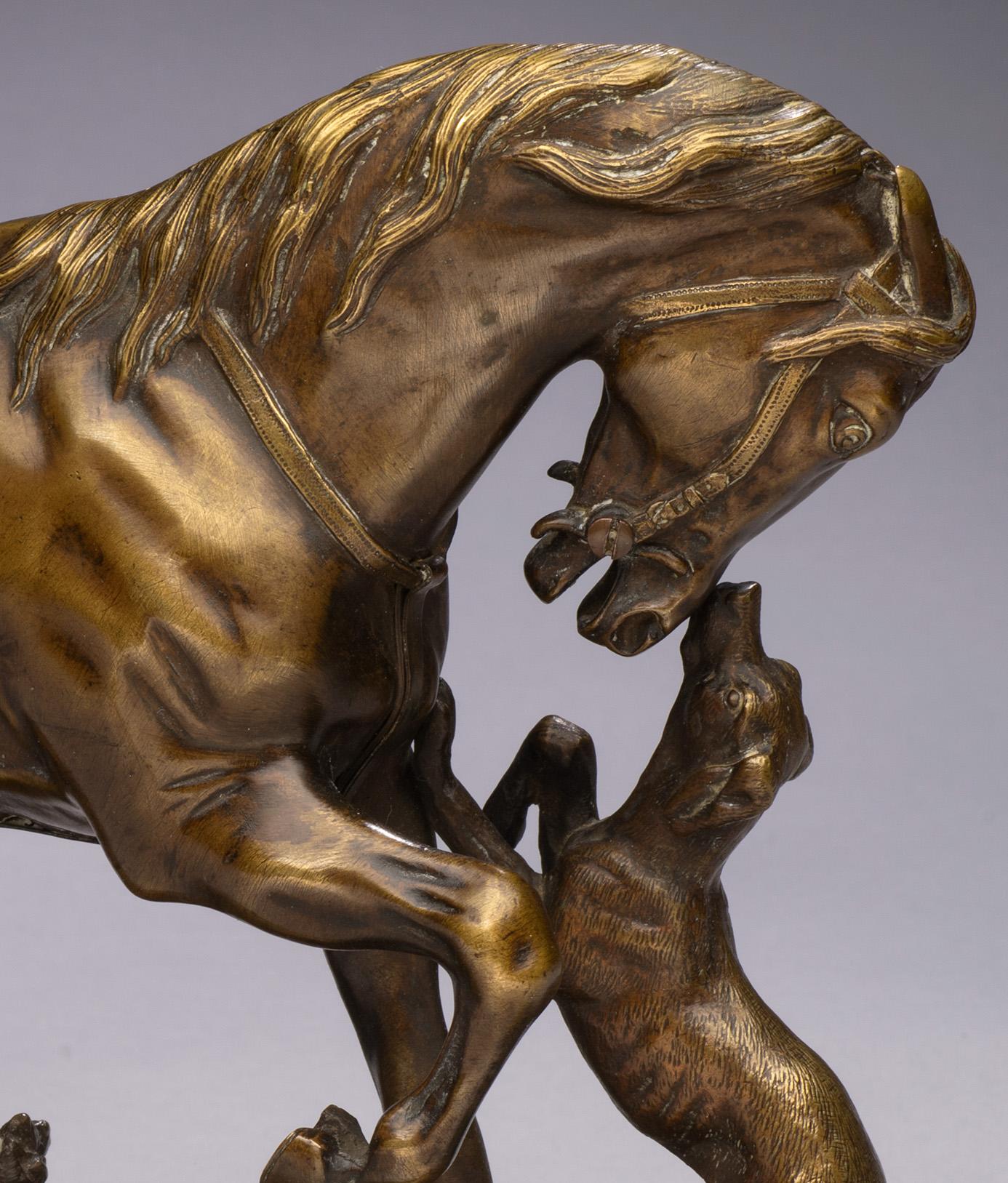 Antique Horse Bronze Saddled Horse Playing with a Dog-Pierre Lenordez circa 1860 For Sale 11