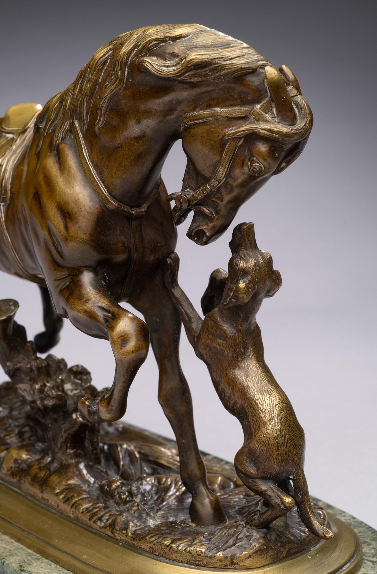 Antique Horse Bronze Saddled Horse Playing with a Dog-Pierre Lenordez circa 1860 For Sale 14