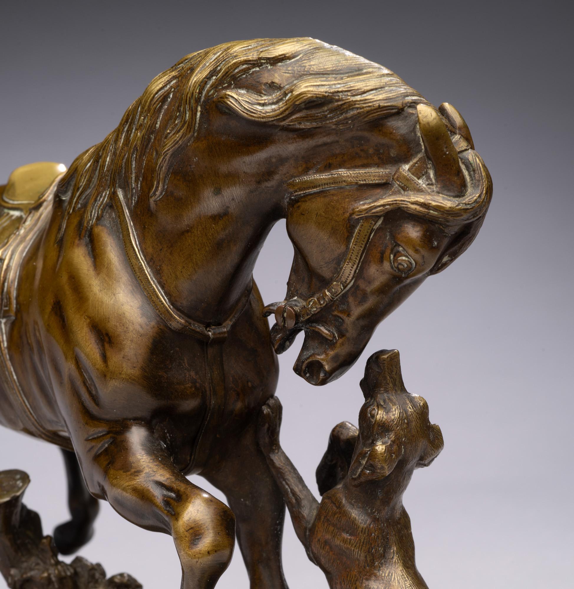Antique Horse Bronze Saddled Horse Playing with a Dog-Pierre Lenordez circa 1860 For Sale 1