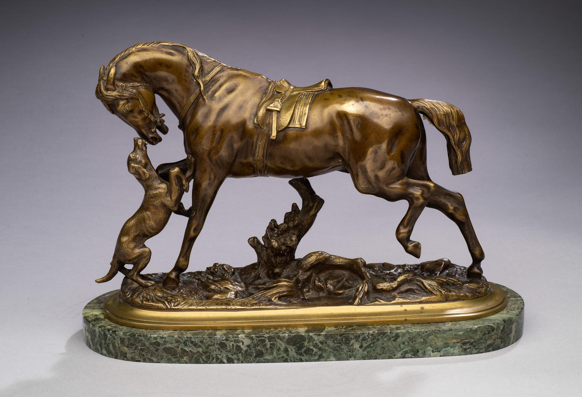 Antique Horse Bronze Saddled Horse Playing with a Dog-Pierre Lenordez circa 1860 For Sale 2