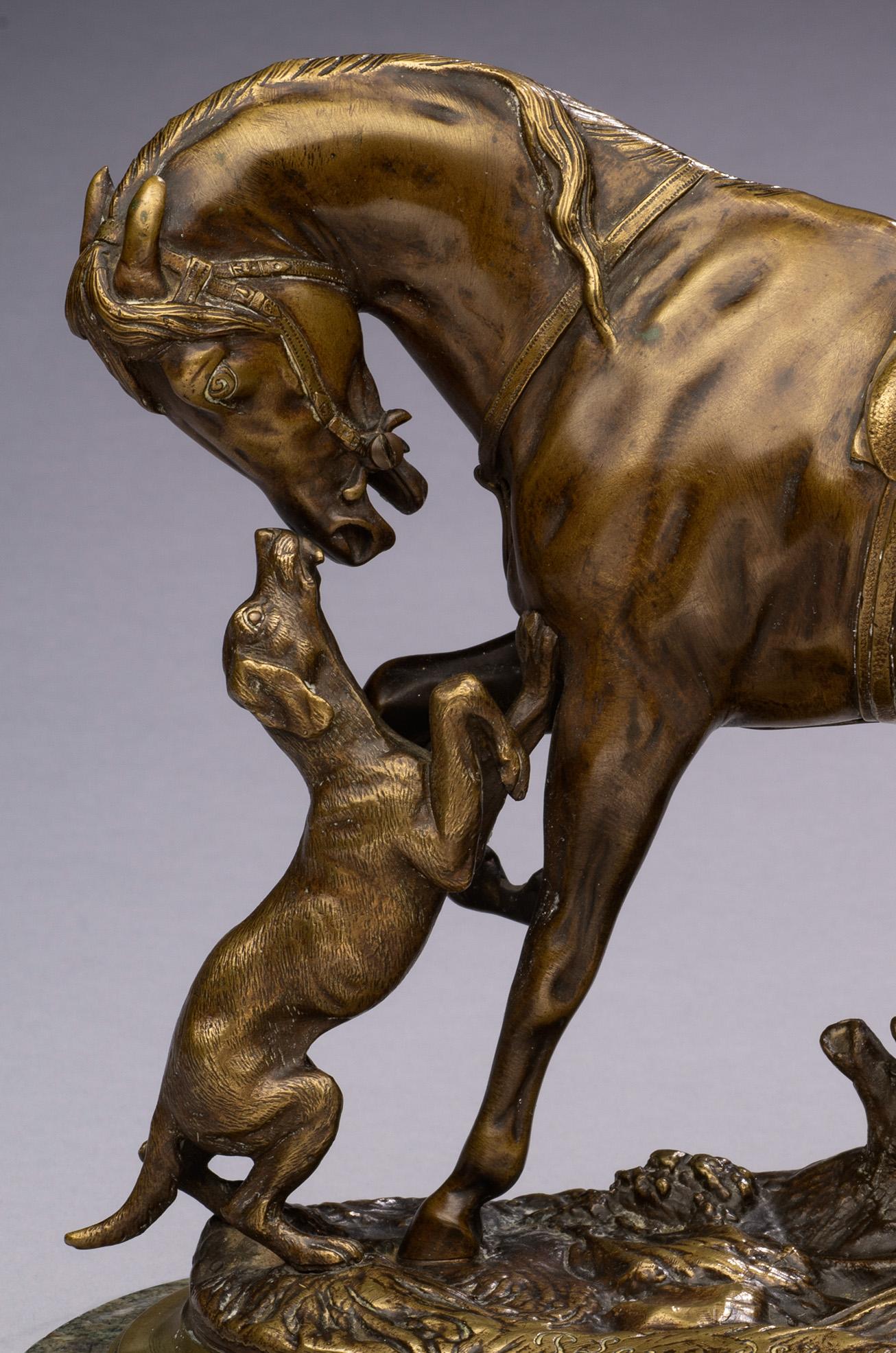 Antique Horse Bronze Saddled Horse Playing with a Dog-Pierre Lenordez circa 1860 For Sale 4