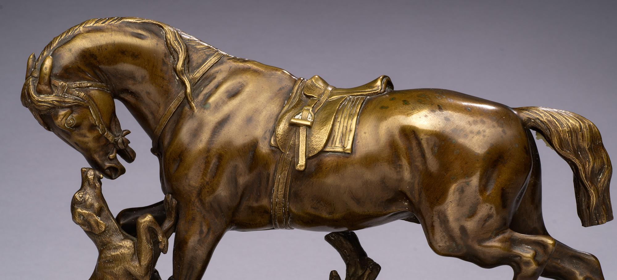 Antique Horse Bronze Saddled Horse Playing with a Dog-Pierre Lenordez circa 1860 For Sale 5