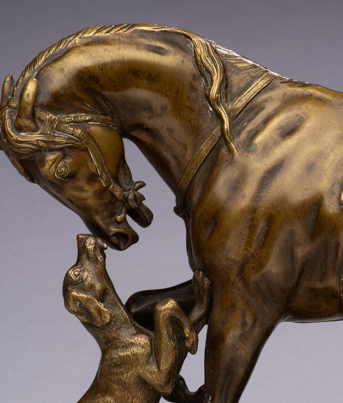 Antique Horse Bronze Saddled Horse Playing with a Dog-Pierre Lenordez circa 1860 For Sale 6