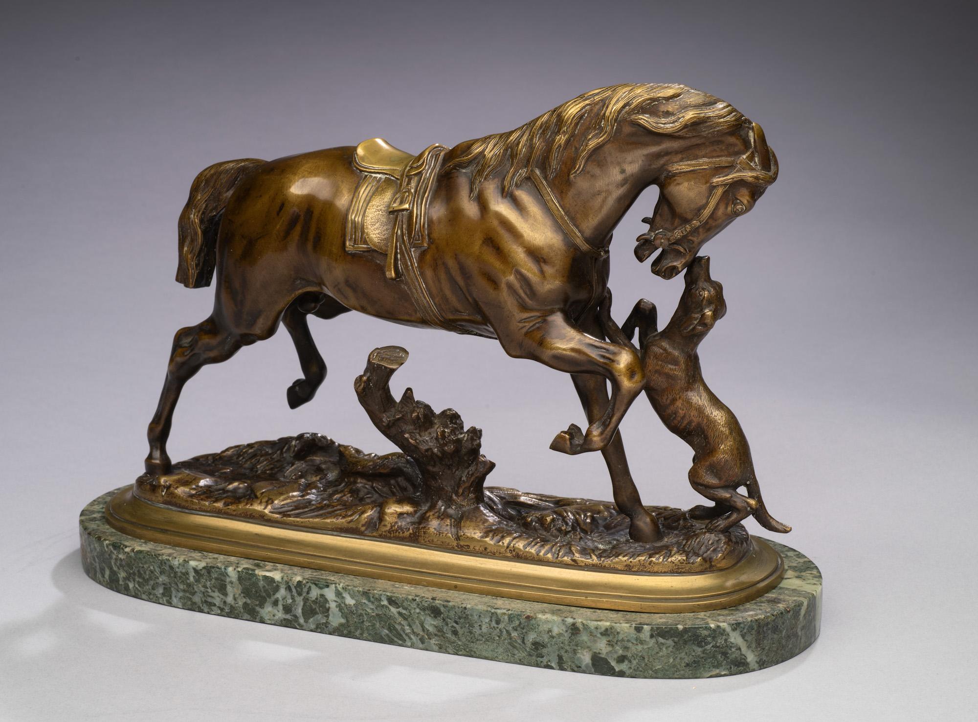 Antique Horse Bronze Saddled Horse Playing with a Dog-Pierre Lenordez circa 1860 For Sale 8