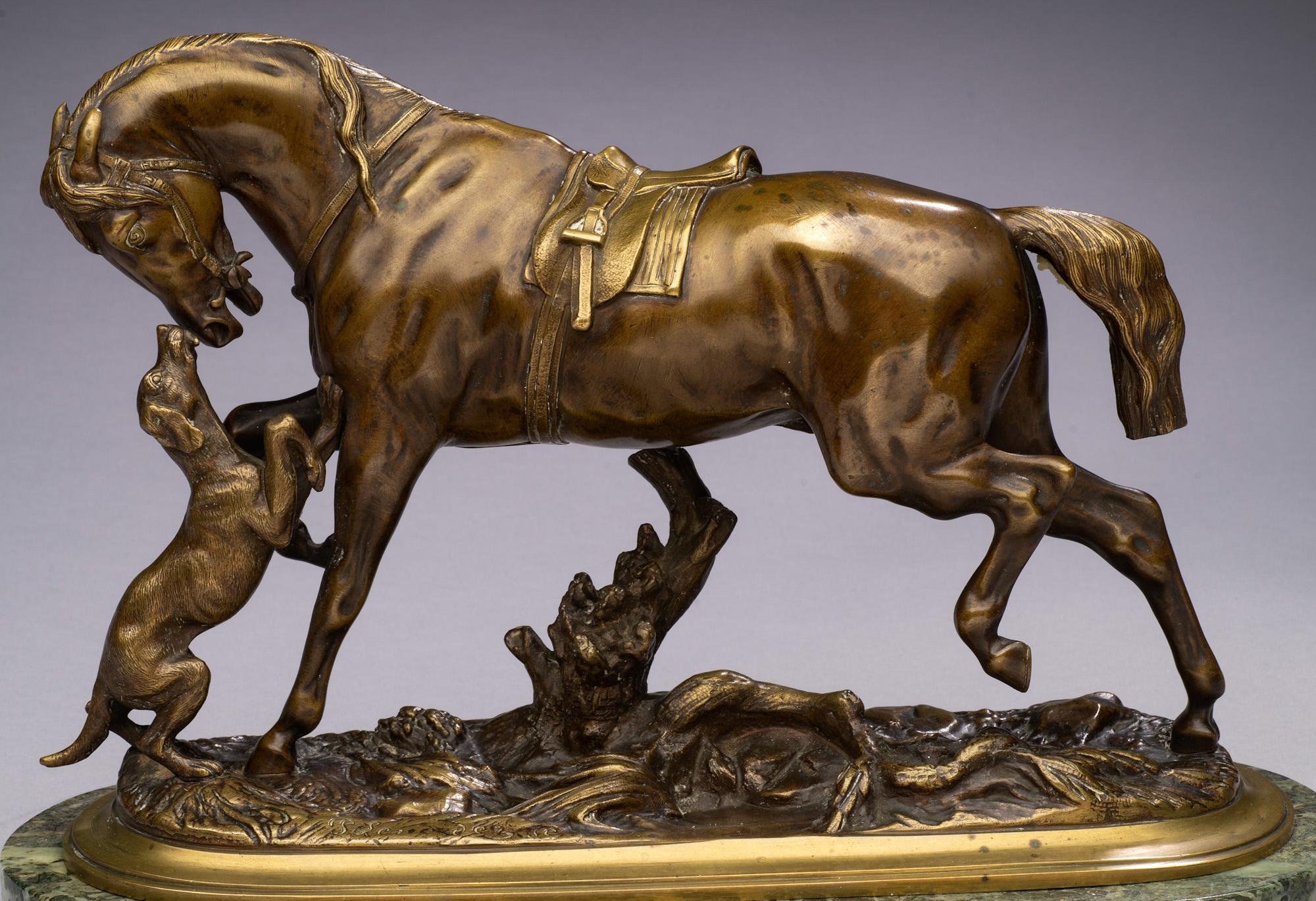 Antique Horse Bronze
"Saddled Horse Playing with a Dog" 
Pierre Lenordez (1815-1892) 
Bronze, circa 1860
11 x 7 inches

Painter and sculptor, professor at the Academy of Fine Arts in the city of Caen, Pierre Lenordez was born in 1815 in Vaast, in
