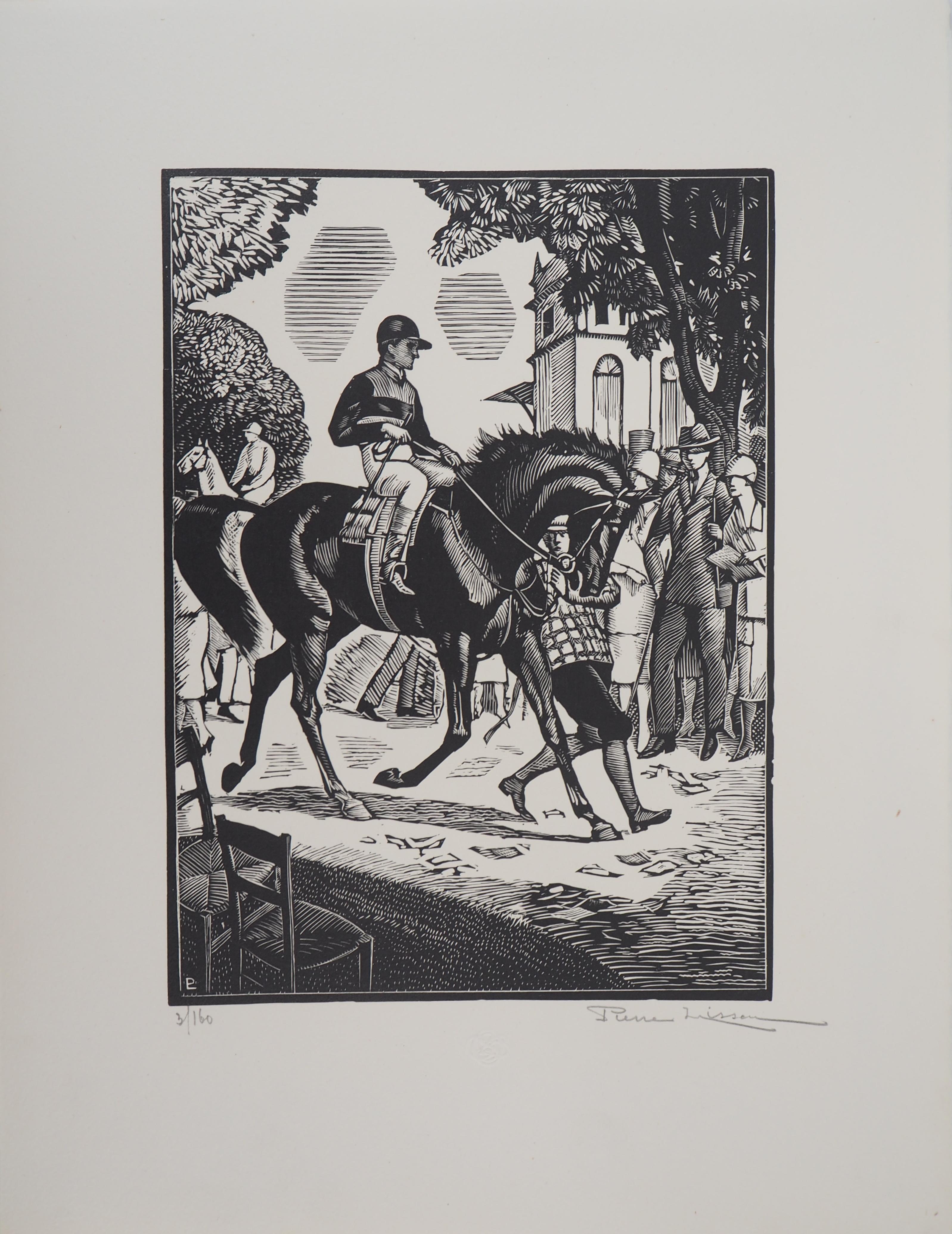 Jockey Before the Horse Race - Original wooodcut, Handsigned & numbered /160 - Modern Print by Pierre LISSAC