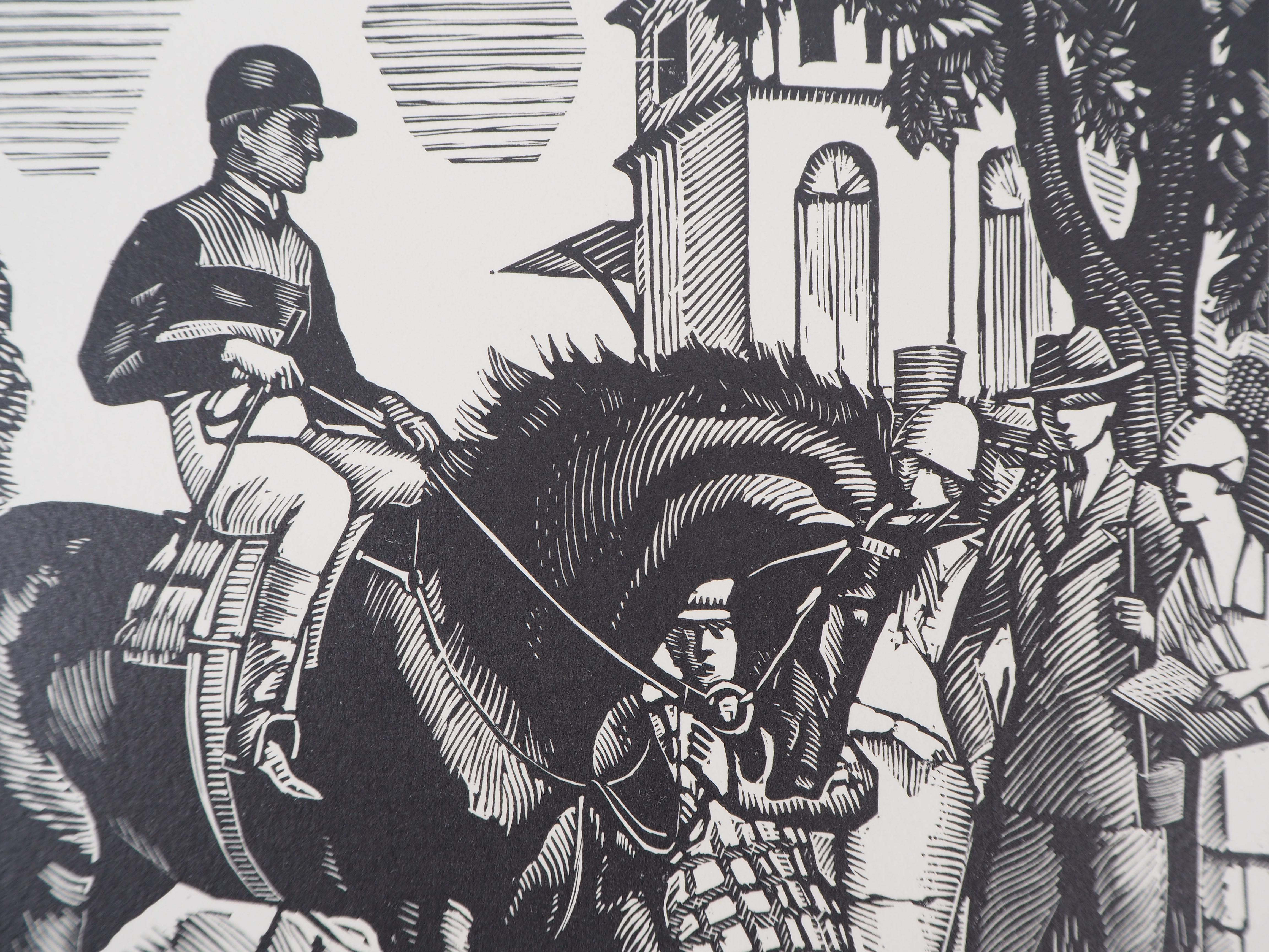 Pierre LISSAC (1878-1955)
Jockey Before the Horse Race, 1926

Original woodcut
Handsigned in pencil
Numbered /160
On vellum 32.5 x 25.5 cm (c. 13 x 10 in)
Bears the blind stamp of the editor 'Imagier de la Gravure sur Bois' (Lugt 1140a)

Excellent