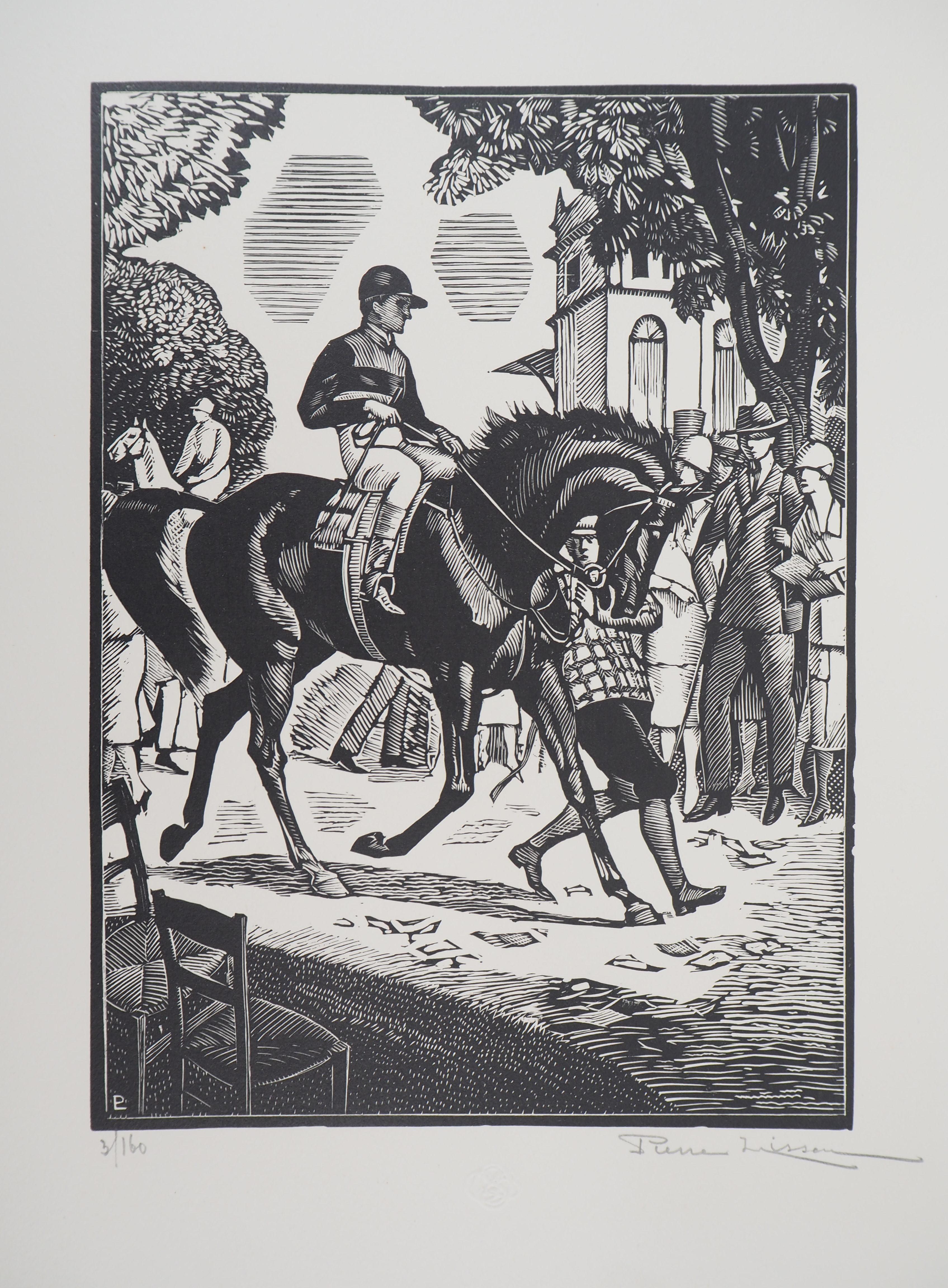Pierre LISSAC Animal Print - Jockey Before the Horse Race - Original wooodcut, Handsigned & numbered /160
