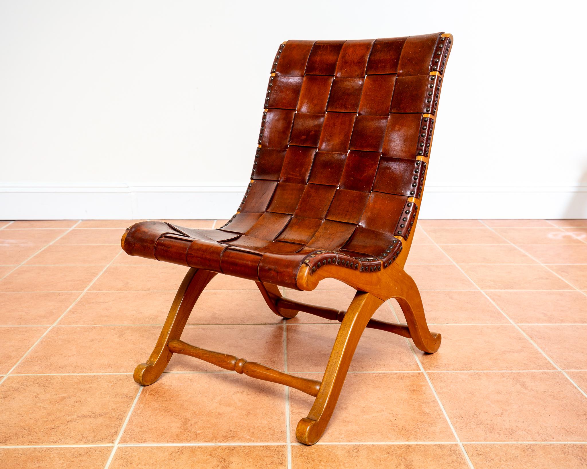 Pierre Lottier Cigar Leather Strap Slipper Lounge Chair 1960s MCM Blonde Tan For Sale 3