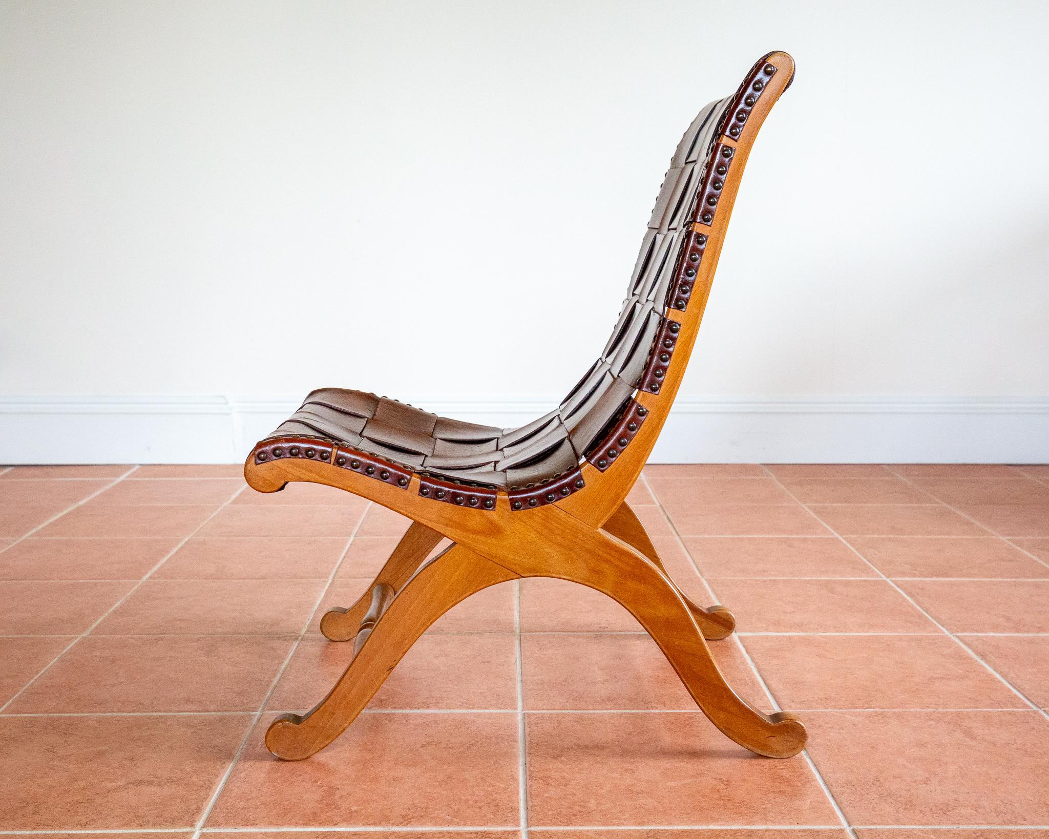 Pierre Lottier Cigar Leather Strap Slipper Lounge Chair 1960s MCM Blonde Tan For Sale 4