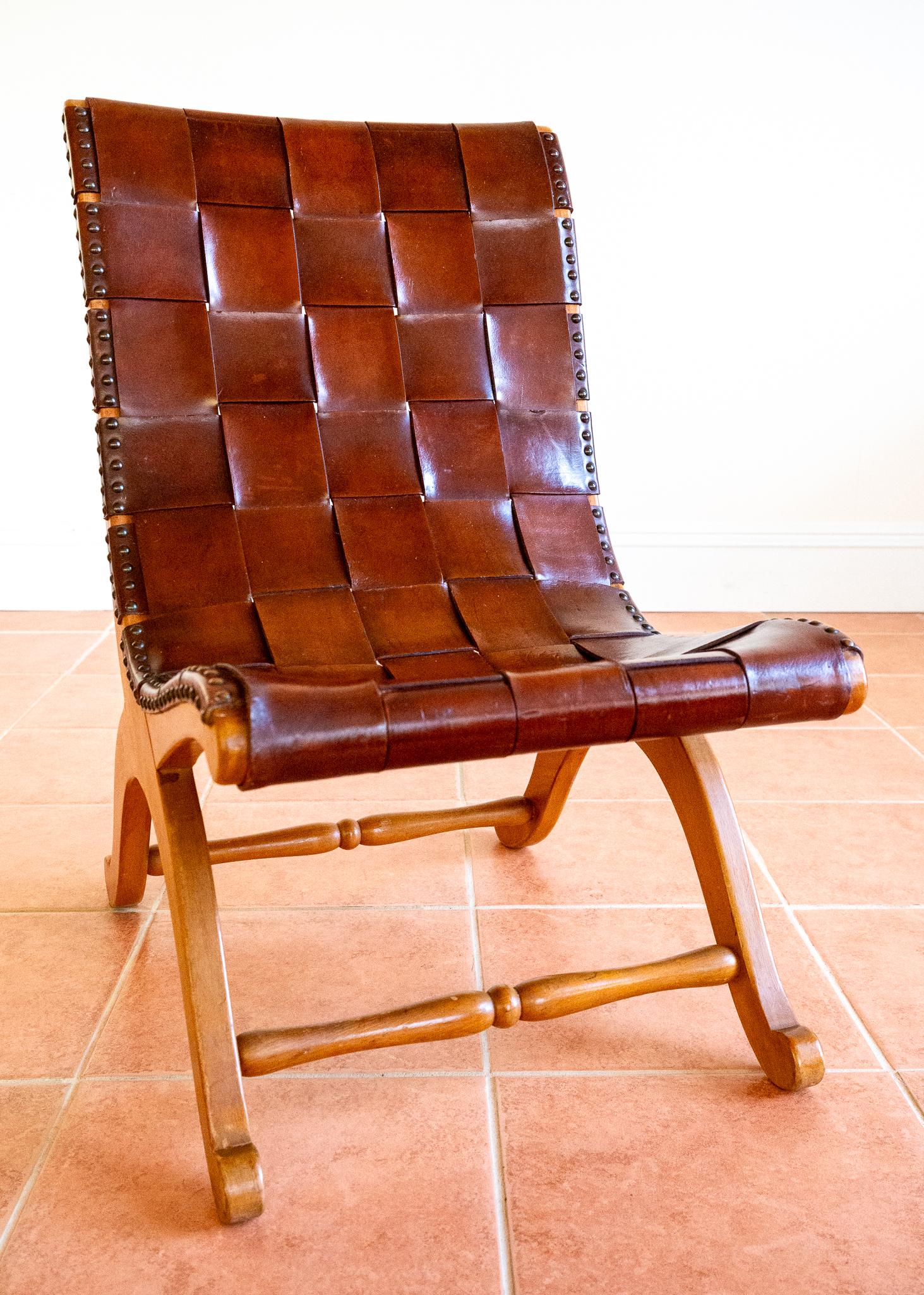 Pierre Lottier Cigar Leather Strap Slipper Lounge Chair 1960s MCM Blonde Tan For Sale 5