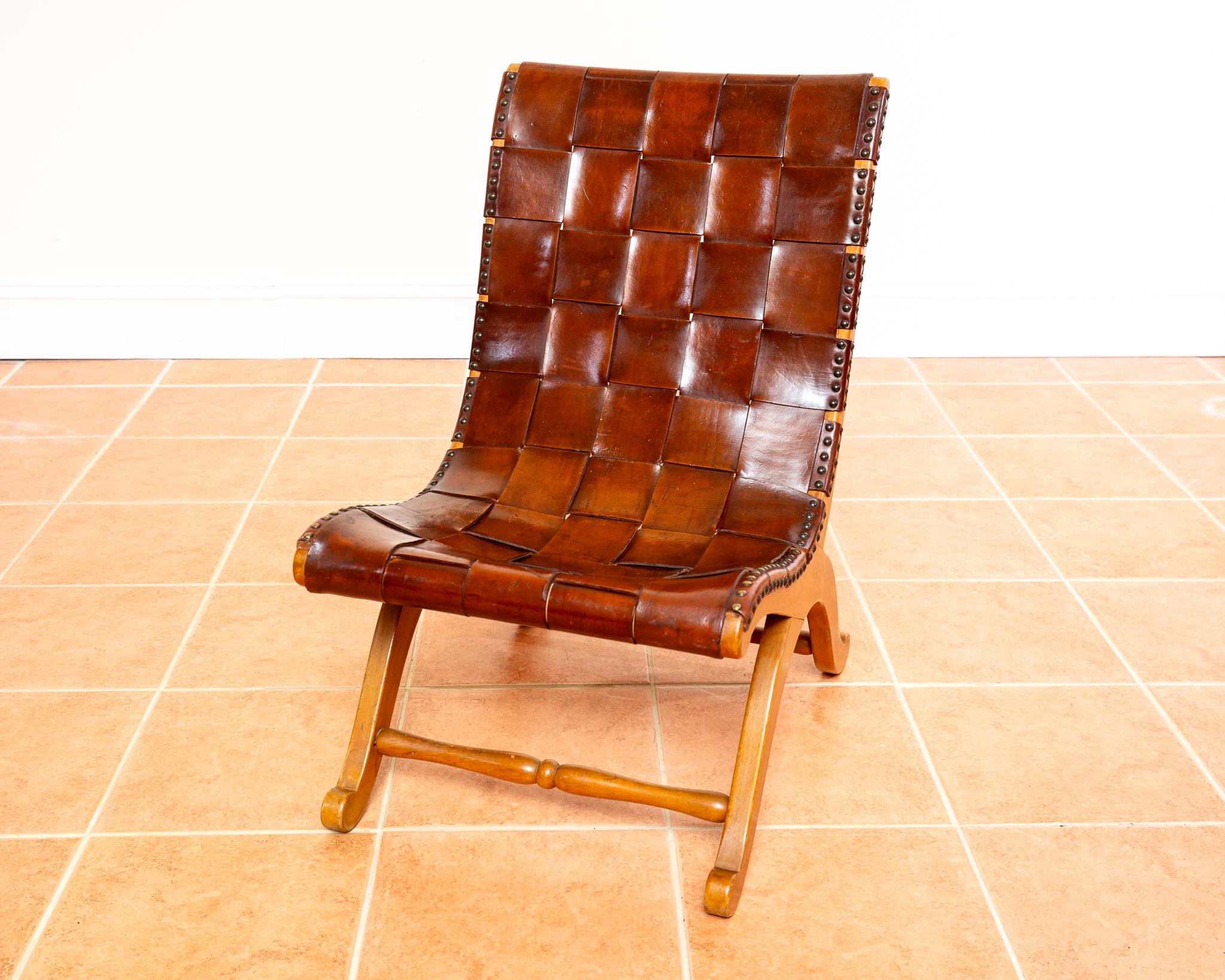 Pierre Lottier Cigar Leather Strap Slipper Lounge Chair 1960s MCM Blonde Tan For Sale 6