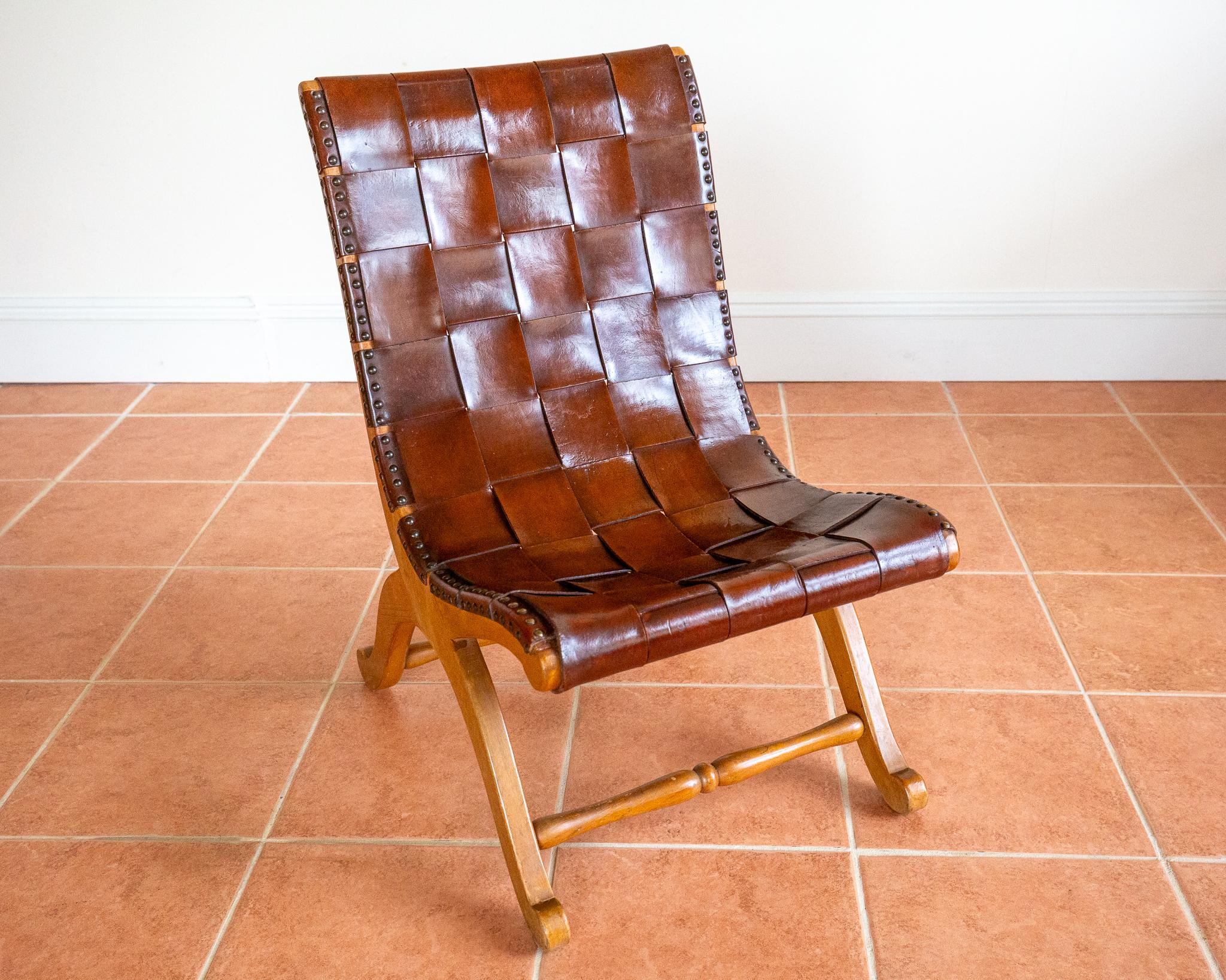 Pierre Lottier Cigar Leather Strap Slipper Lounge Chair 1960s MCM Blonde Tan For Sale 7