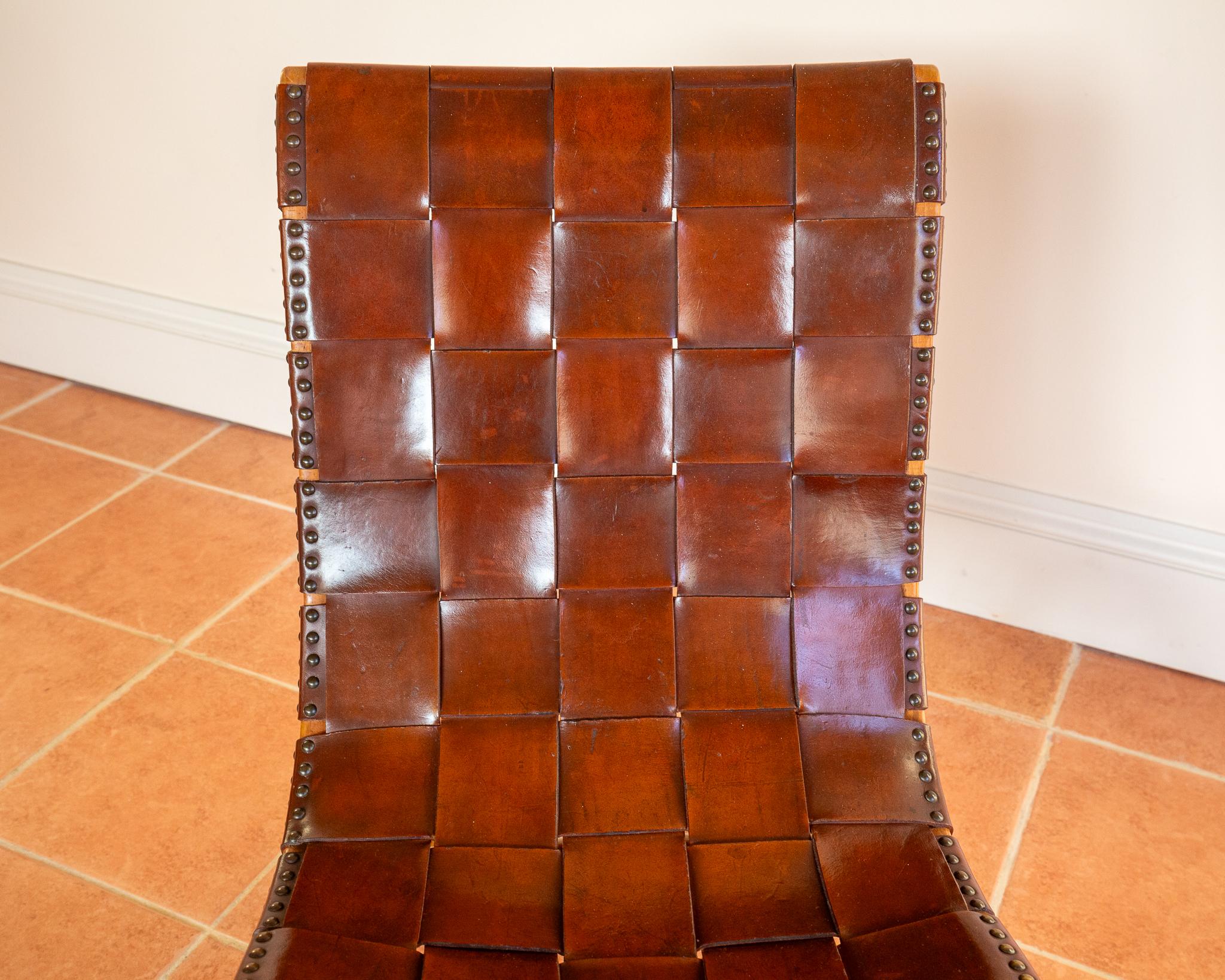 Pierre Lottier Cigar Leather Strap Slipper Lounge Chair 1960s MCM Blonde Tan For Sale 9