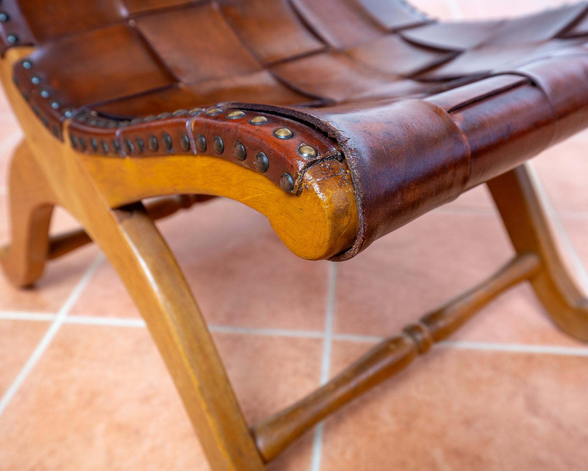 Pierre Lottier Cigar Leather Strap Slipper Lounge Chair 1960s MCM Blonde Tan For Sale 11