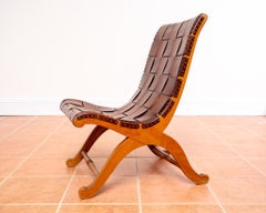 Pierre Lottier Cigar Leather Strap Slipper Lounge Chair 1960s MCM Blonde Tan