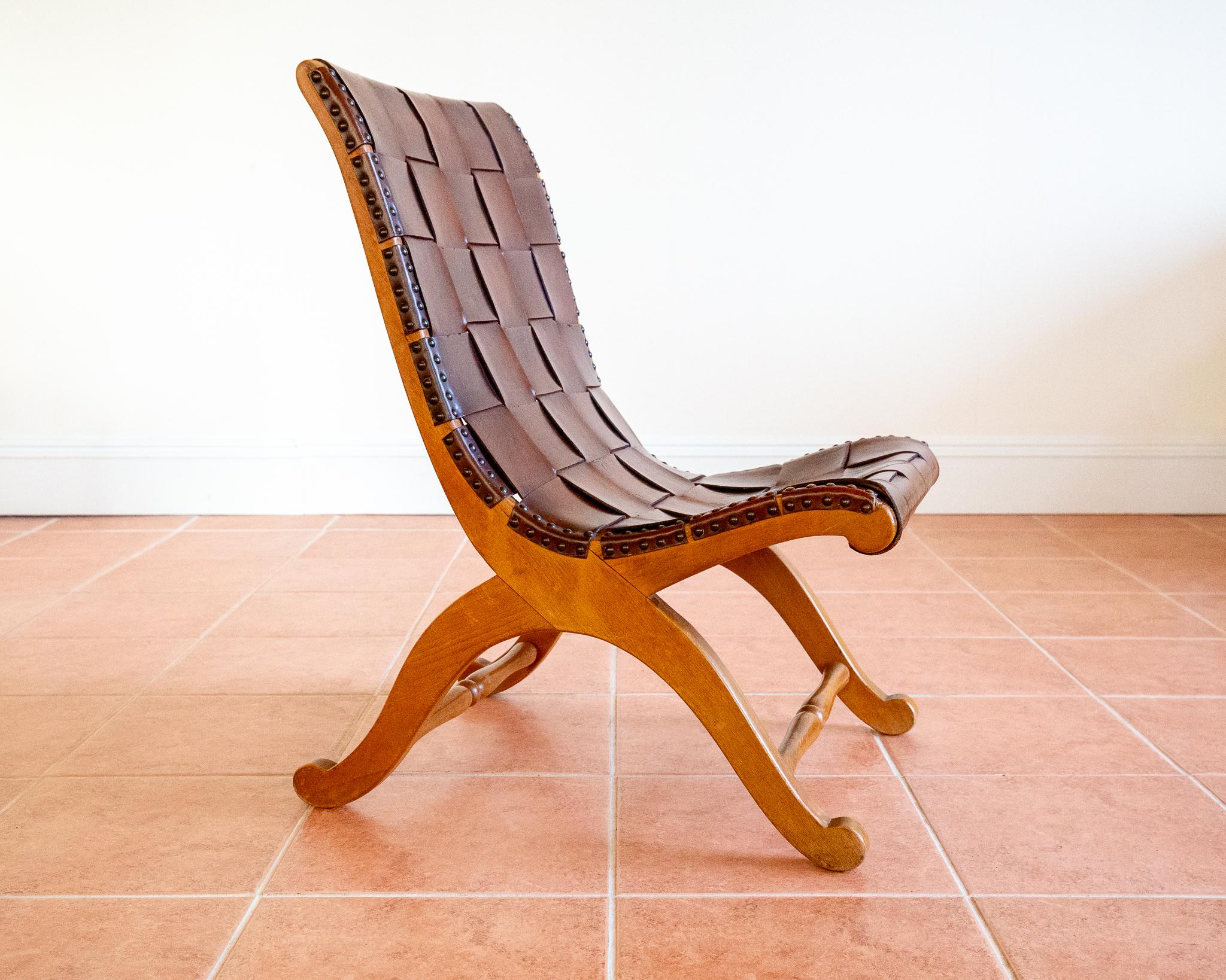 Pierre Lottier Cigar Leather Strap Slipper Lounge Chair 1960s MCM Blonde Tan In Good Condition For Sale In London, GB