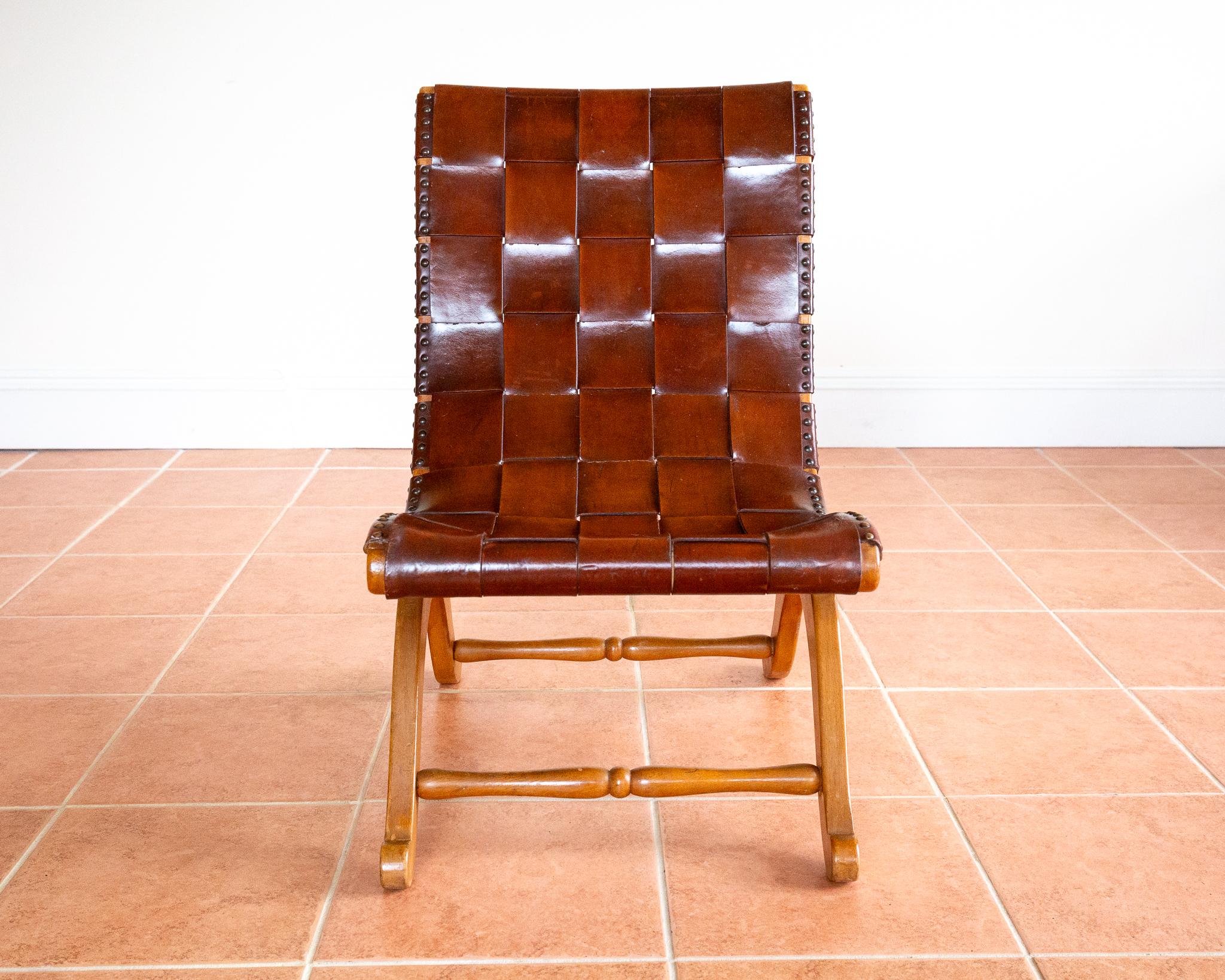 20th Century Pierre Lottier Cigar Leather Strap Slipper Lounge Chair 1960s MCM Blonde Tan For Sale