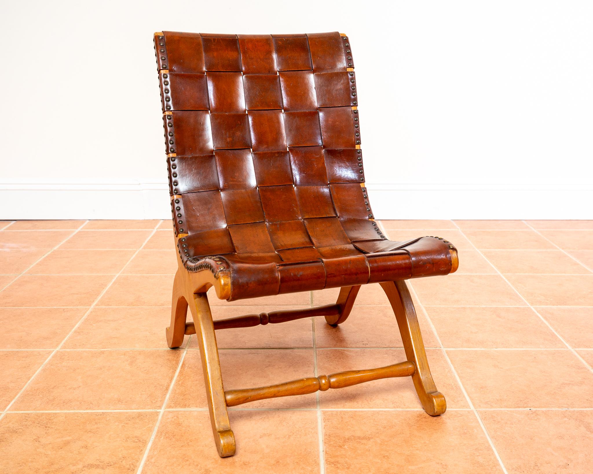 Pierre Lottier Cigar Leather Strap Slipper Lounge Chair 1960s MCM Blonde Tan For Sale 1