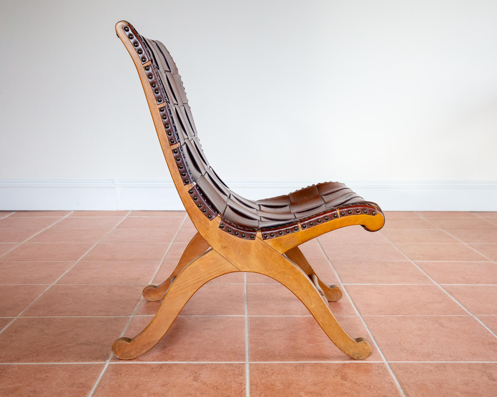 Pierre Lottier Cigar Leather Strap Slipper Lounge Chair 1960s MCM Blonde Tan For Sale 2