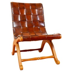 Pierre Lottier fauteuil de salon à lanières en cuir cigare brun clair MCM des années 1960
