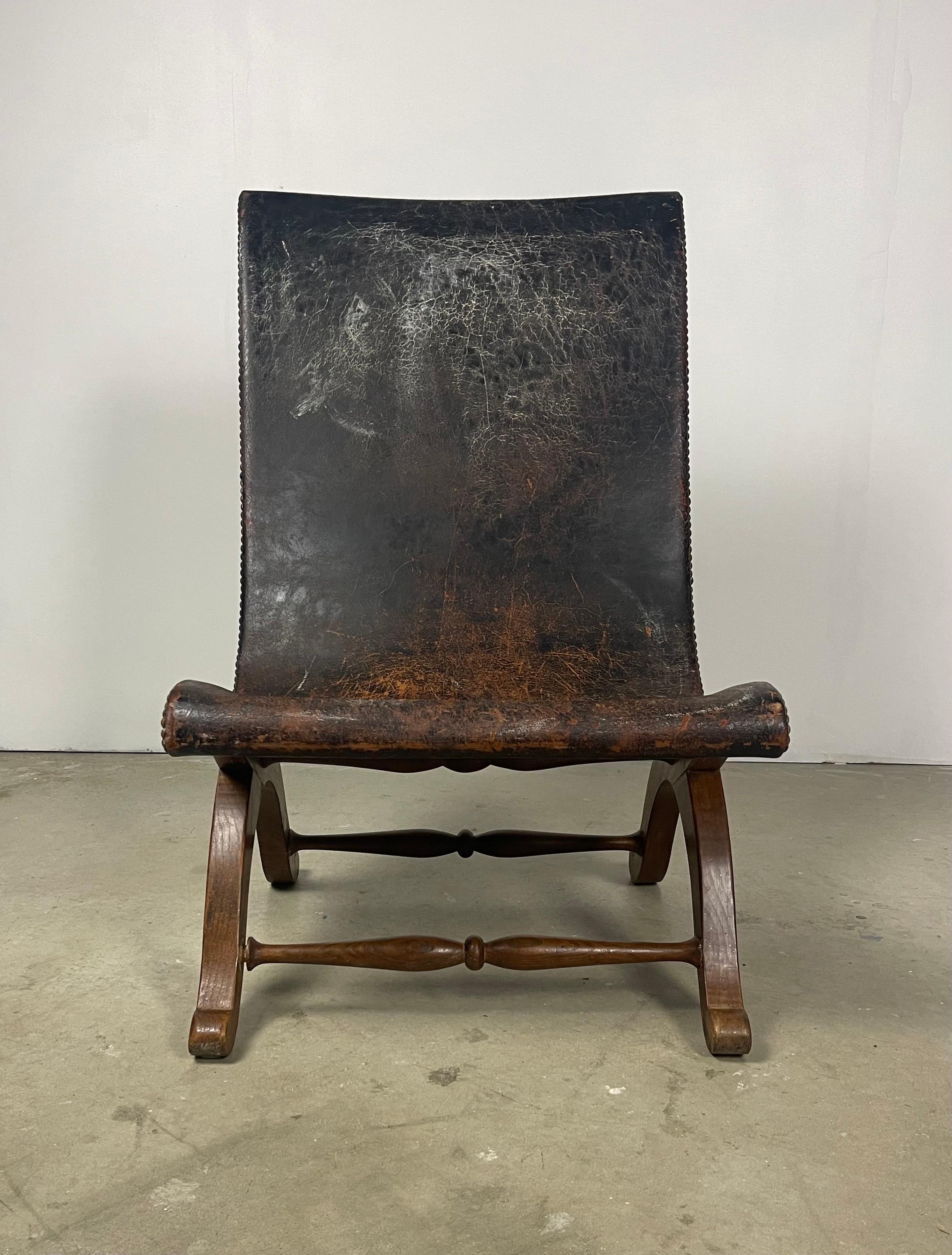 Spanish Pierre Lottier Leather and Oak Fireside Chair