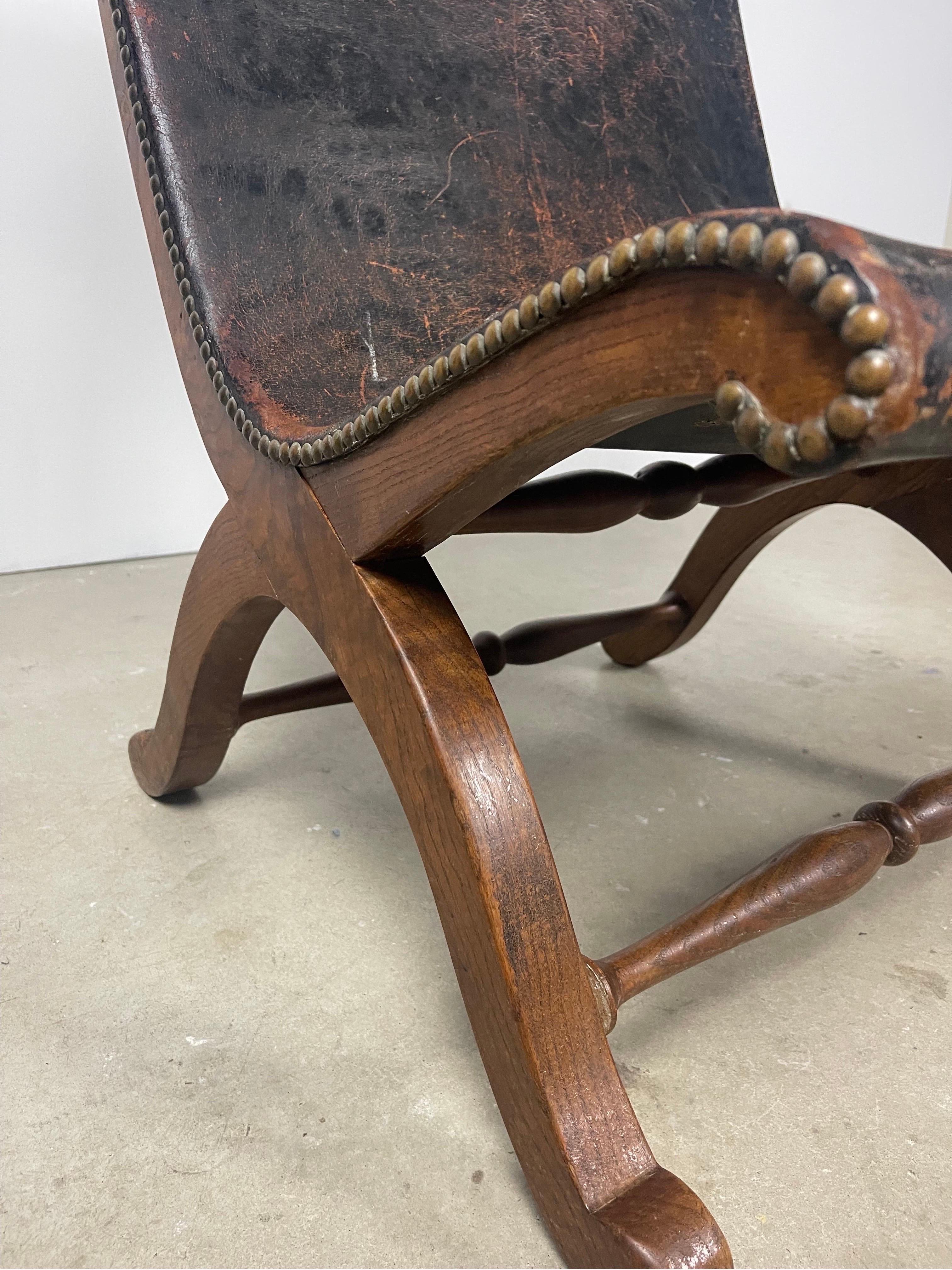20th Century Pierre Lottier Leather and Oak Fireside Chair