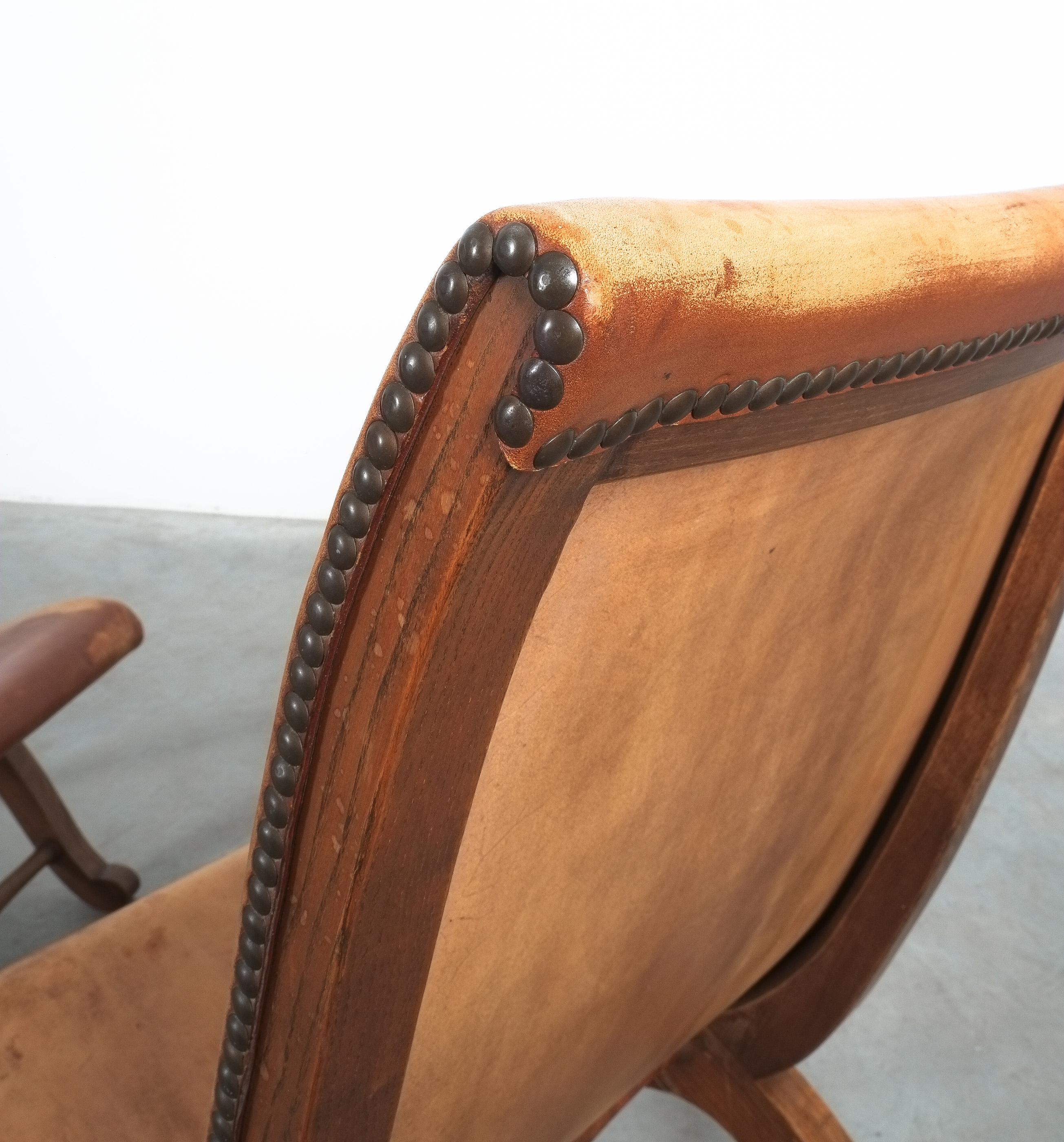 Pierre Lottier Leather Oak Chairs Highback For Valmazan, Spain 1950 4