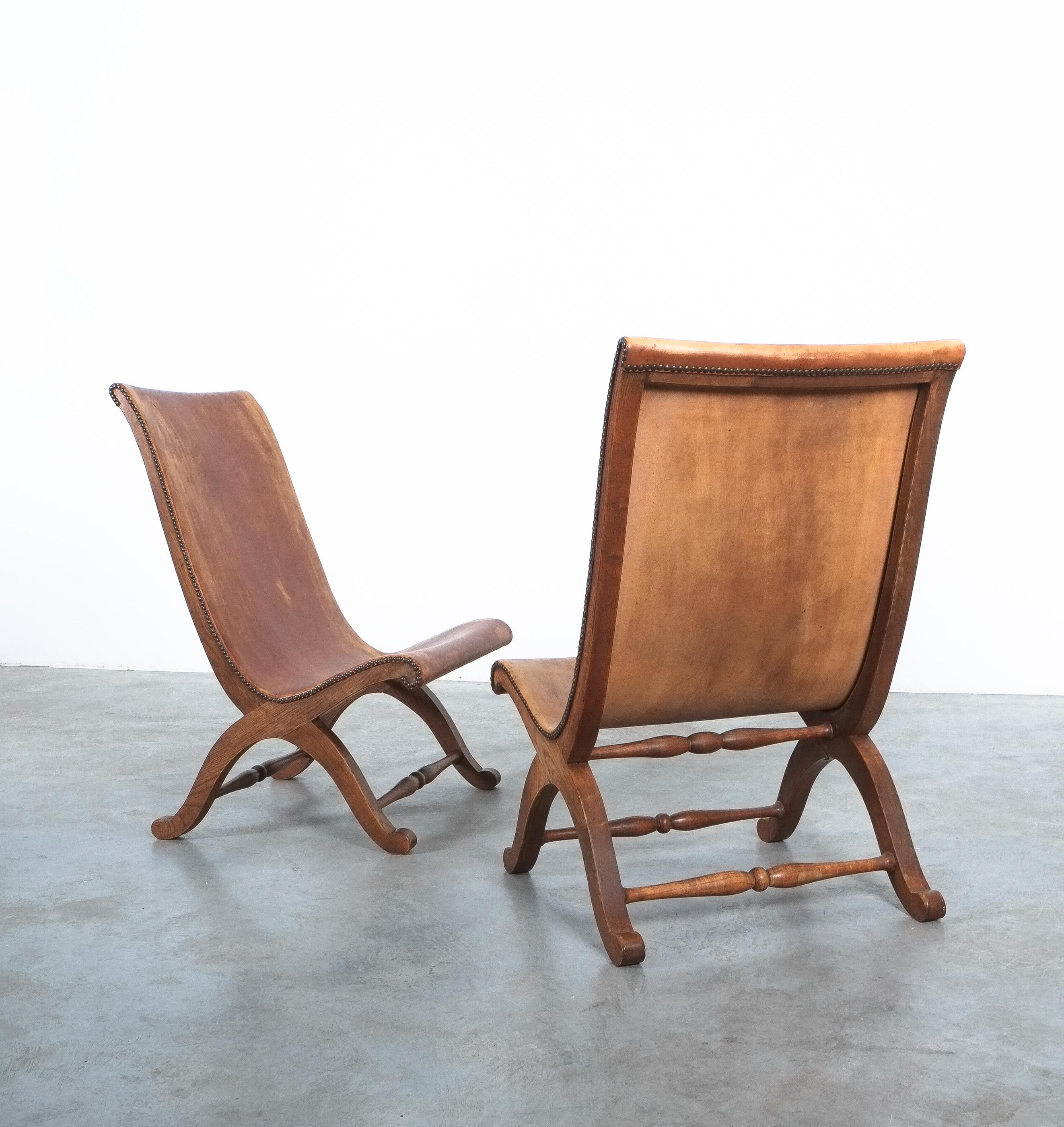 Pierre Lottier Leather Oak Chairs Highback For Valmazan, Spain 1950 5