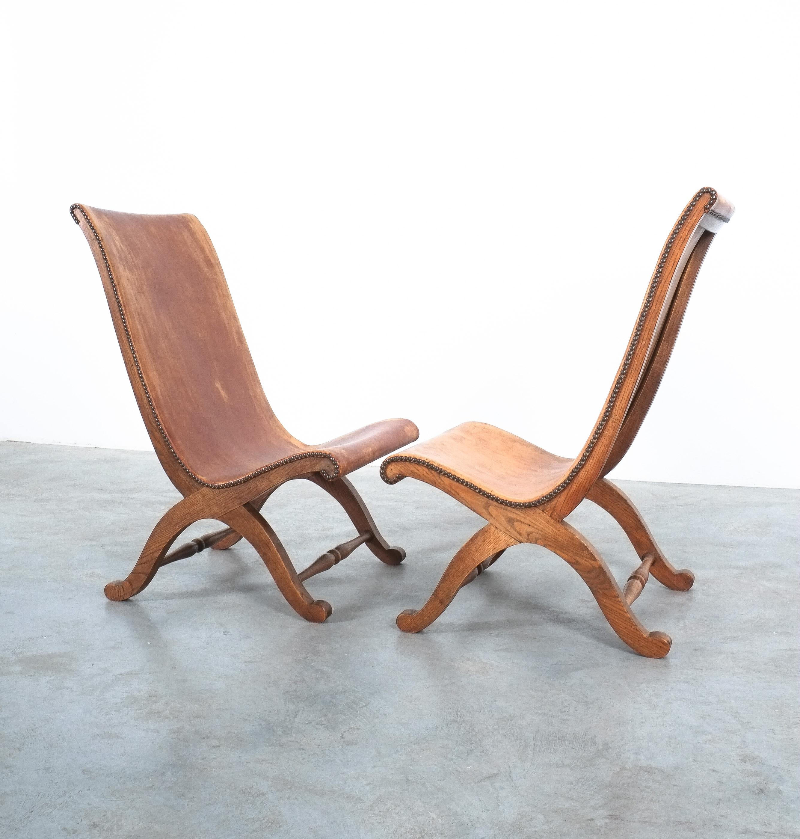 Pierre Lottier Leather Oak Chairs Highback For Valmazan, Spain 1950 6