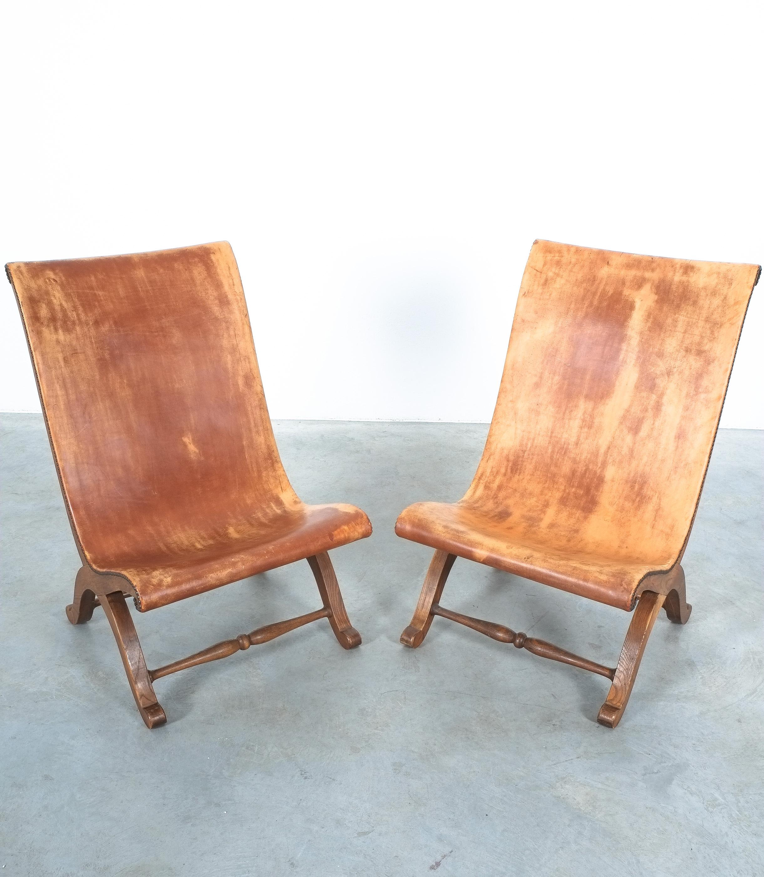 Mid-Century Modern Pierre Lottier Leather Oak Chairs Highback For Valmazan, Spain 1950