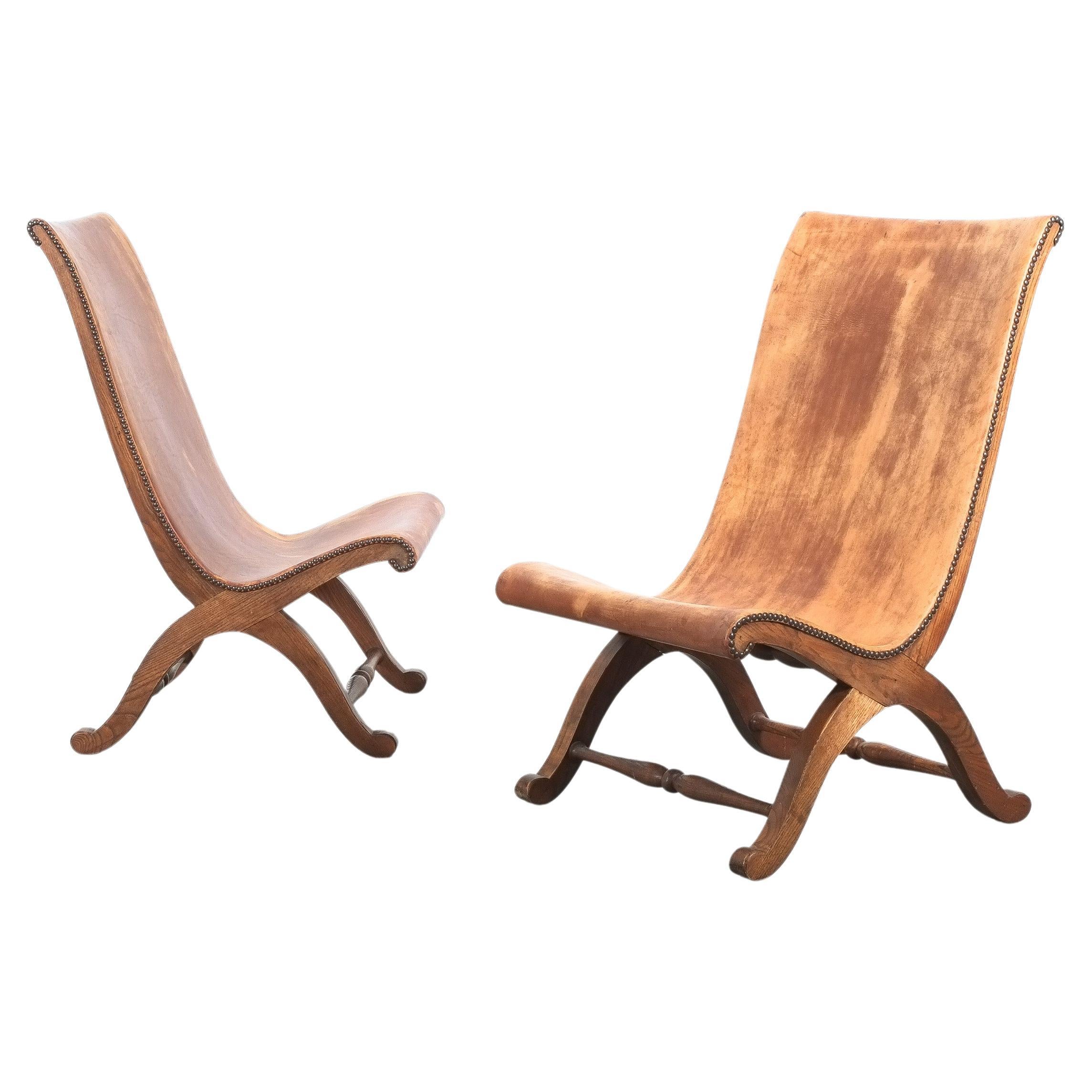 Pierre Lottier Leather Oak Chairs Highback For Valmazan, Spain 1950