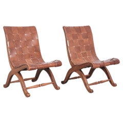 Vintage Pierre Lottier Woven Belt Leather Oak Chairs For Valenti, Spain 1950