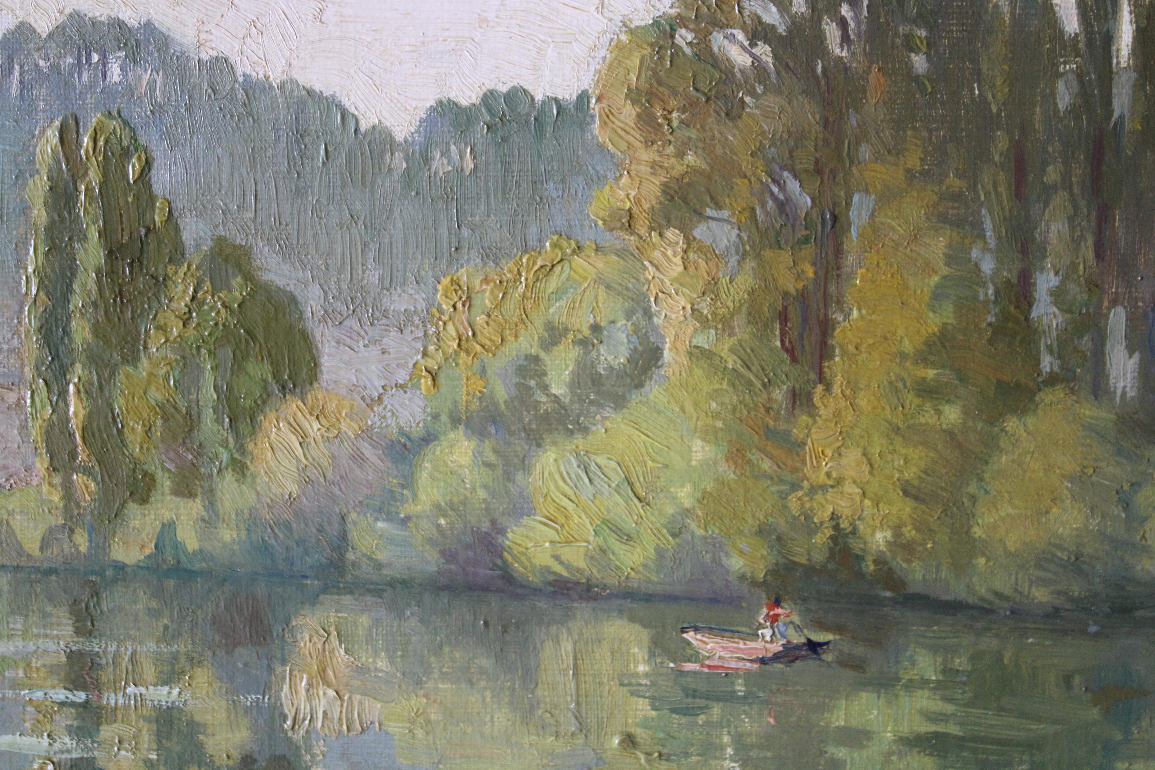 Antique landscape, riverscape oil painting by Pierre Louis Cazaubon For Sale 9